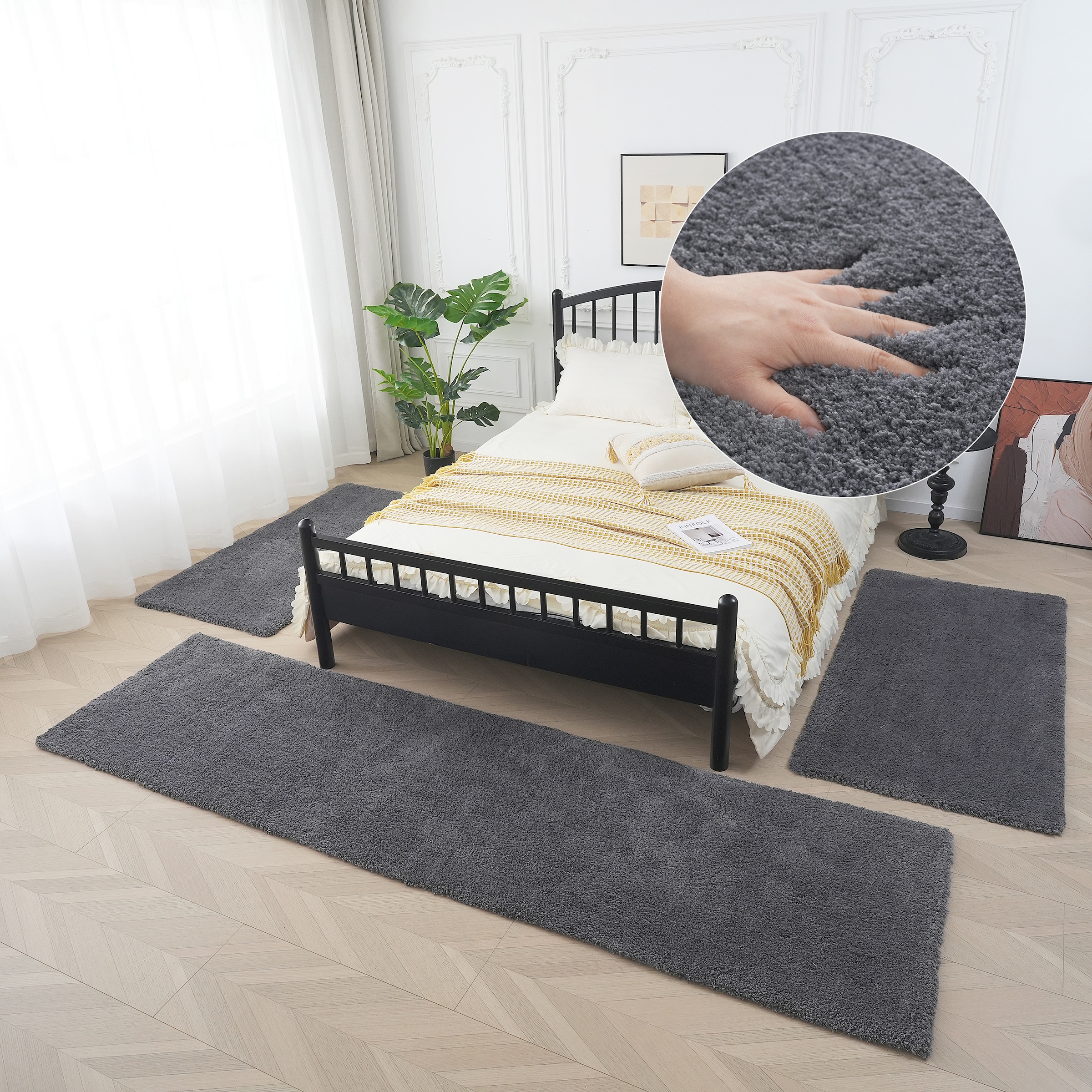 my home Hochflor-Bettumrandung »Microfaser Teppich Magong, besonders weich, sehr feiner Flor«, (3 tlg.), uni, einfarbiger Bettvorleger, Läufer-Set, Schlafzimmer, Kinderzimmer