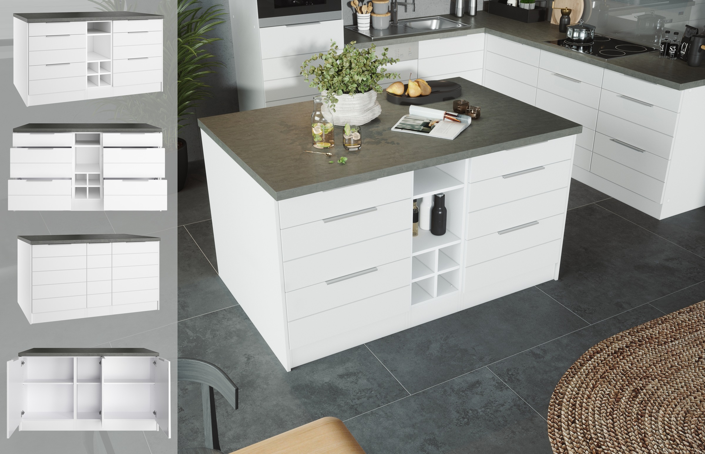 KOCHSTATION Kücheninsel »KS-Luhe, Breite 153 cm, mit Flaschenregal«, MDF-Fronten, Arbeitsplatte 38mm stark