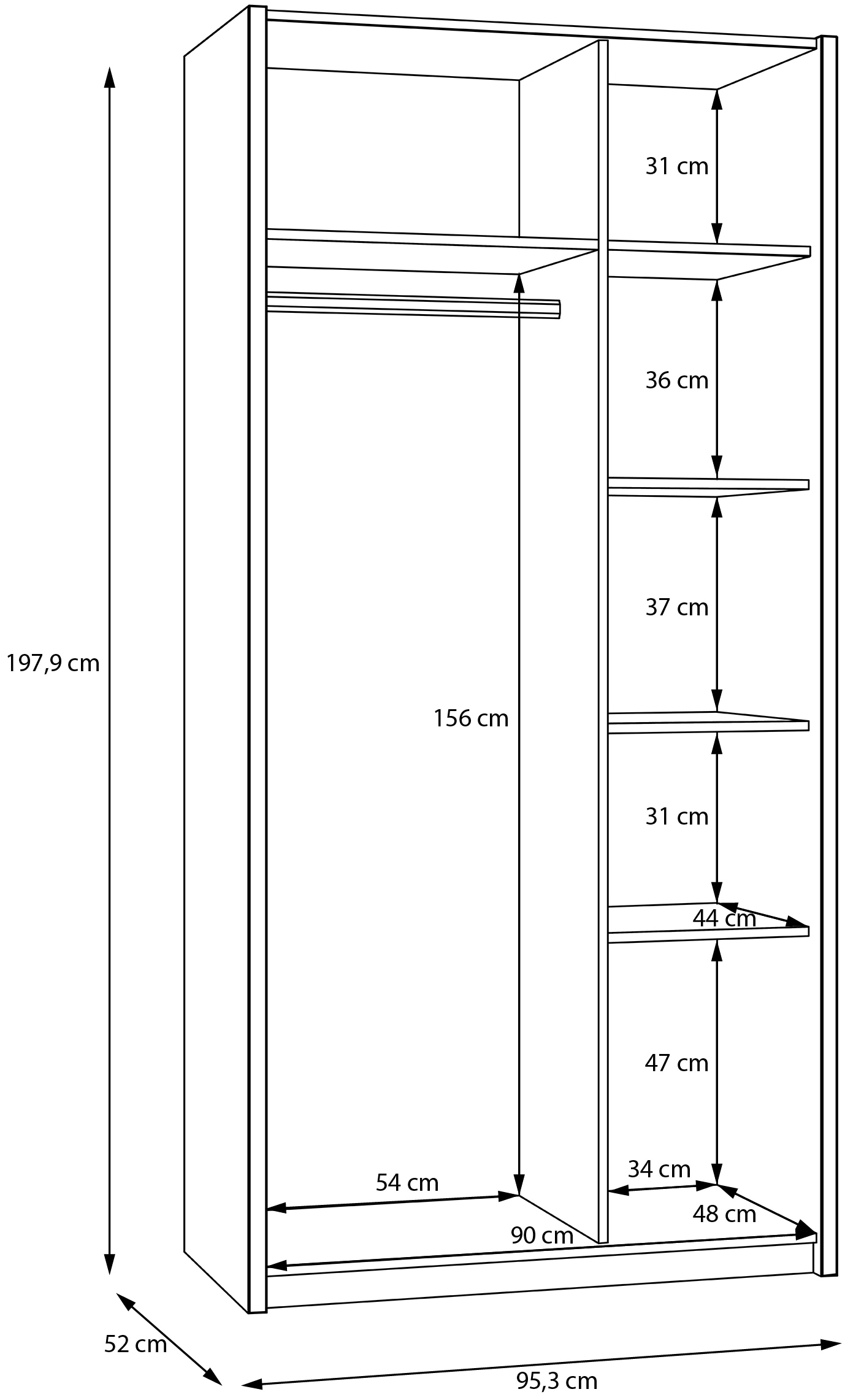 FORTE Kleiderschrank »Oak Square«, (B/H/T ca. 95,3x197,9x52 cm), Kleiderschrank, Beleuchtung, grifflos, Soft Close
