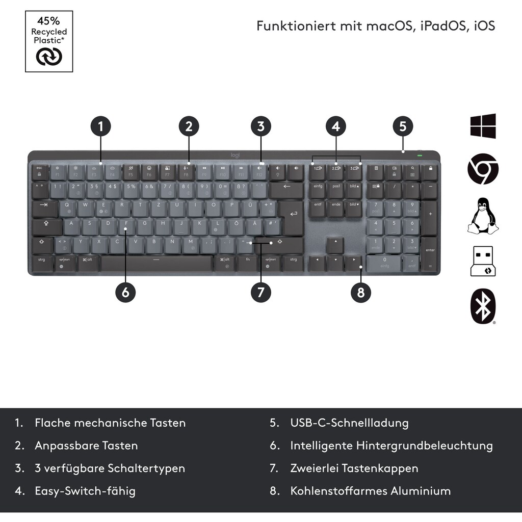 Logitech Tastatur »MX Mechanical Linear«, (Easy-Switch-Funktionstasten-Multimedia-Tasten-USB-Anschluss-Ziffernblock)