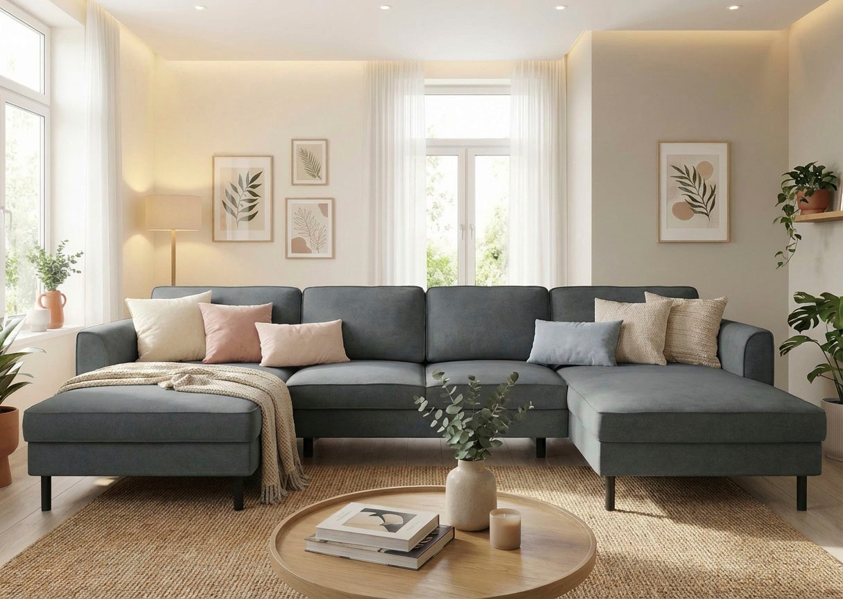 Home affaire Wohnlandschaft »Booster II, whlw. mit Schlaffunktion & Bettkasten, Fuß schwarz« Sofa in U-Form, Breite 305 cm, in Cord oder Struktur LEO o. LINO