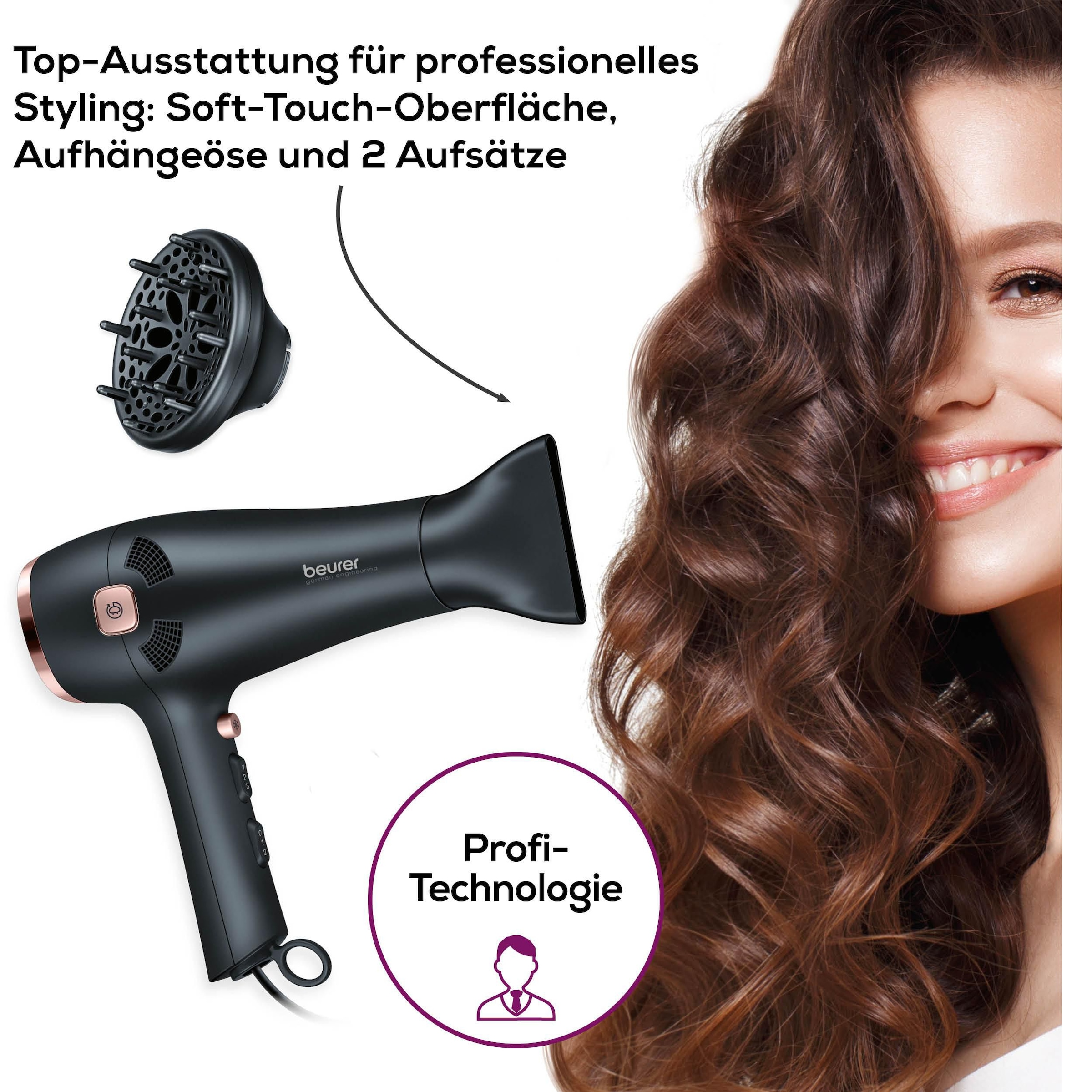 BEURER Haartrockner »HC 55, mit Kabeleinzugfunktion und leistungsstarken 2200 Watt«, 2 Aufsätze, Ionenfunktion für geschmeidig glänzende Haare