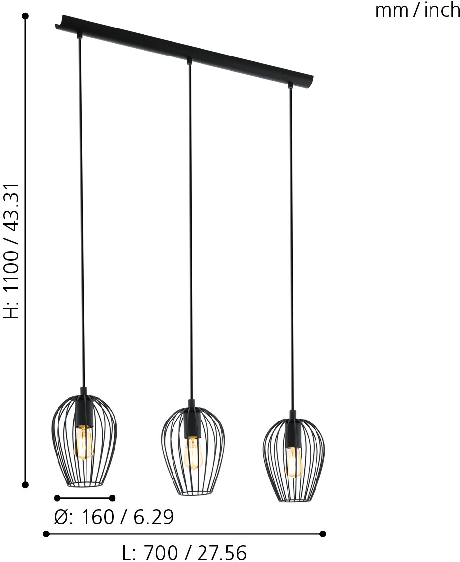 EGLO Hängeleuchte »NEWTOWN Pendellampe, Stahl, E27, IP20, Vintage, Esszimmerlampe, Lampe«, 3 flammig, Leuchtmittel E27 | ohne Leuchtmittel, Hängeleuchte, L70 x B16 x H110 cm, schwarz, 3X60W exkl.