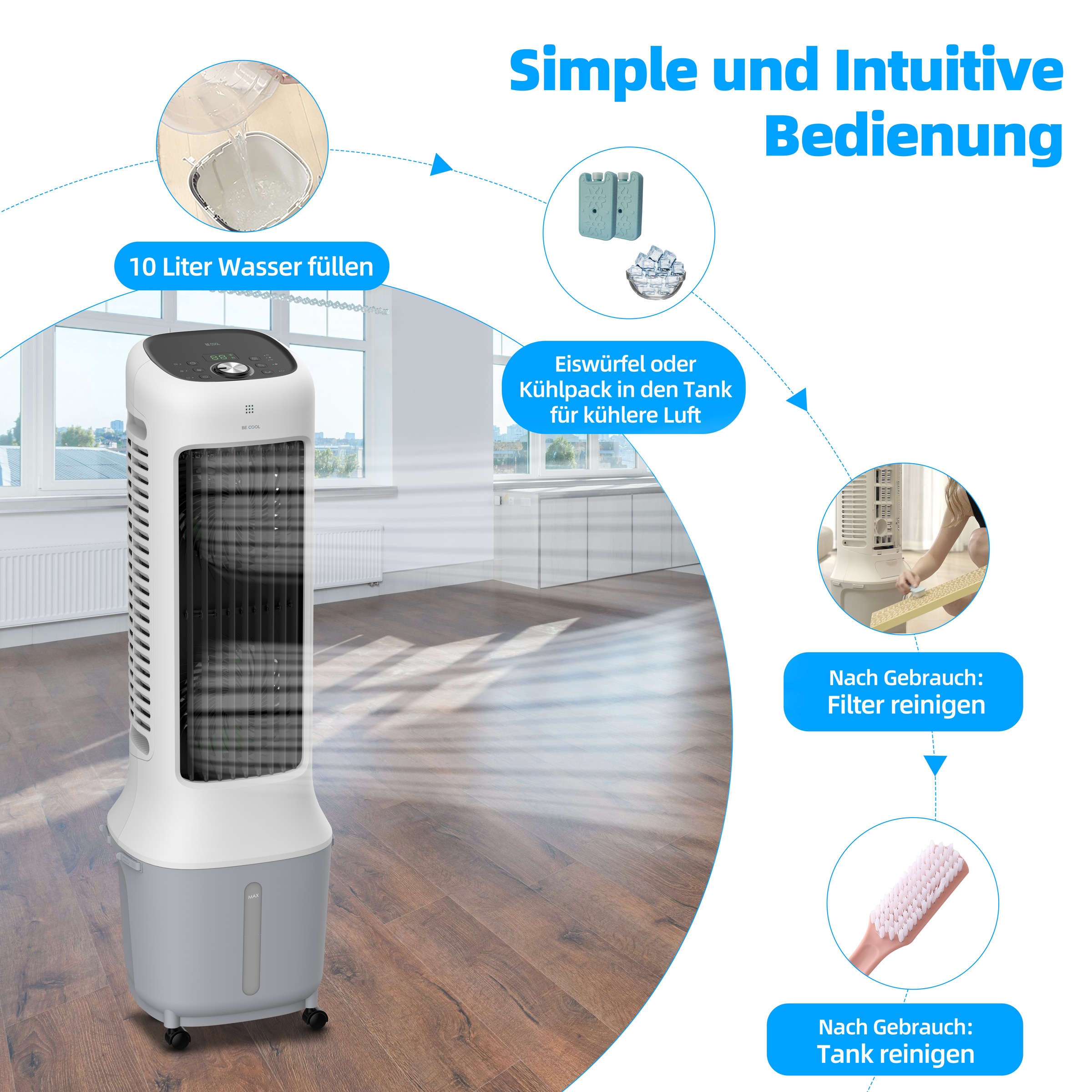 be cool Ventilatorkombigerät »Premium Turmluftkühler mit Wifi und abnehmb. 10l Tank«, 24 Geschwindigkeitsstufen, abnehmbarer Wassertank, WiFi