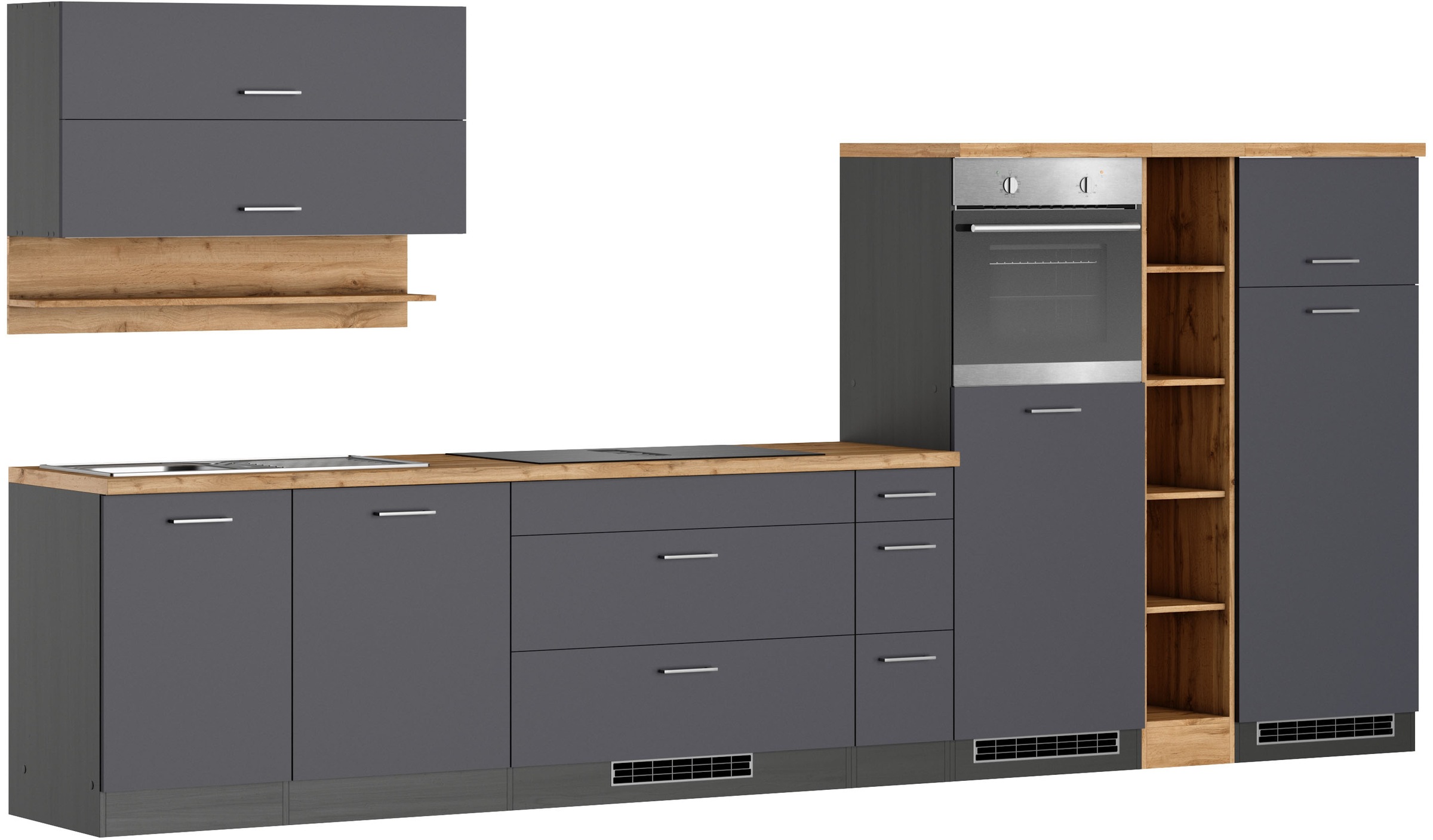 KOCHSTATION Küchenzeile »KS-Milan, optional mit Muldenlüfter« Breite 390 cm, wahlweise mit E-Geräten, Kochfeld mit Dunstabzug
