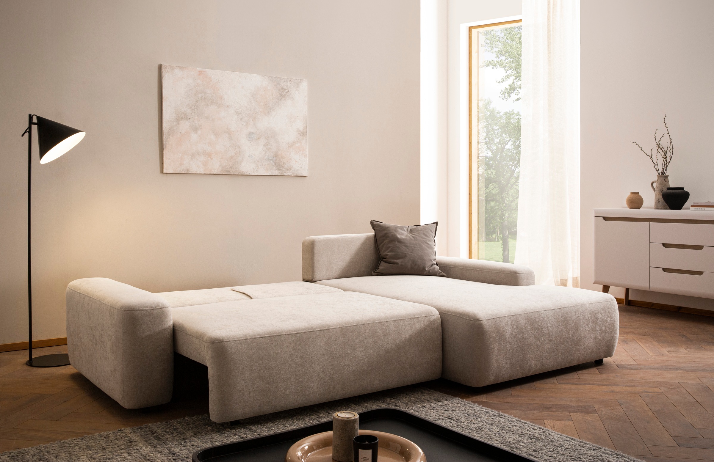 INOSIGN Ecksofa »TORGE (264cm), Schlafsofa in Cord, Samtvelours o Struktur fein, L-Form«, Schlaffunktion, Bettkasten, Liegefläche: 125/210 cm
