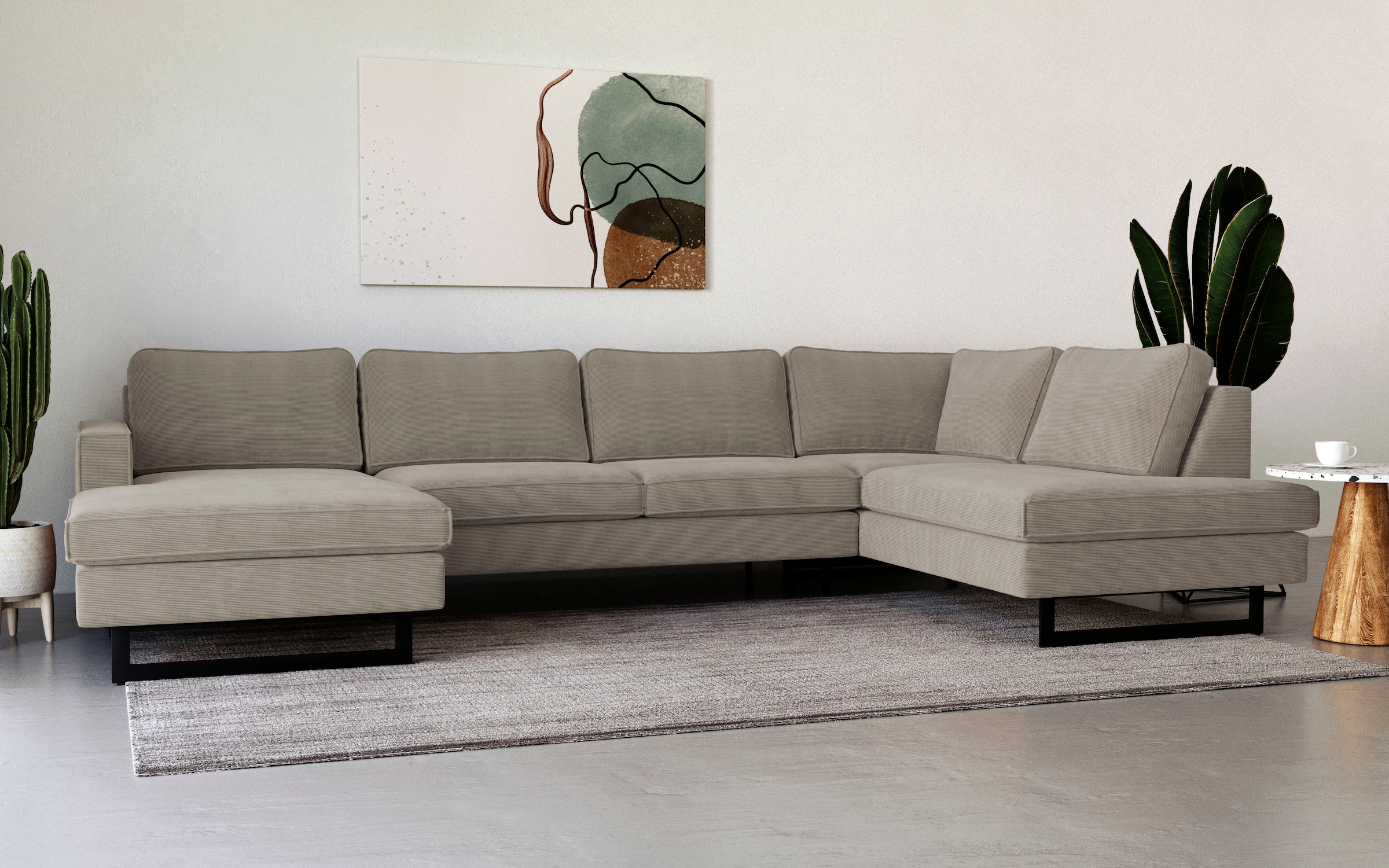 Home affaire Wohnlandschaft »Pinto, 350 cm, U-Form, XXL, mit Ottomanen« Cord, Chenille, Lederoptik, mit Keder, Metallfüße, Wellenunterfederung