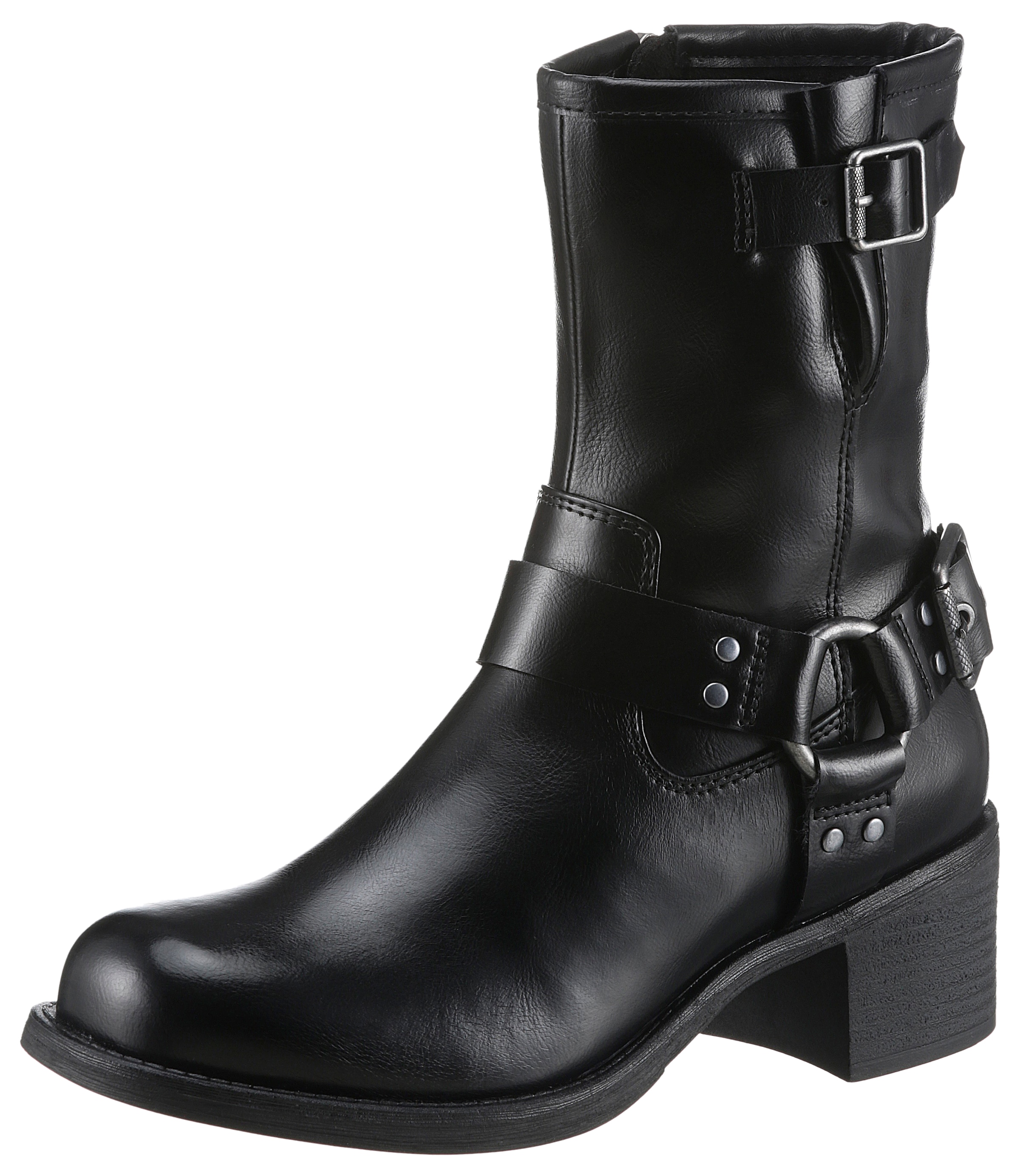 Marco Tozzi Bikerboots »BROTI«, Blockabsatz, Schnallenboots, Stiefelette mit glänzenden Nieten