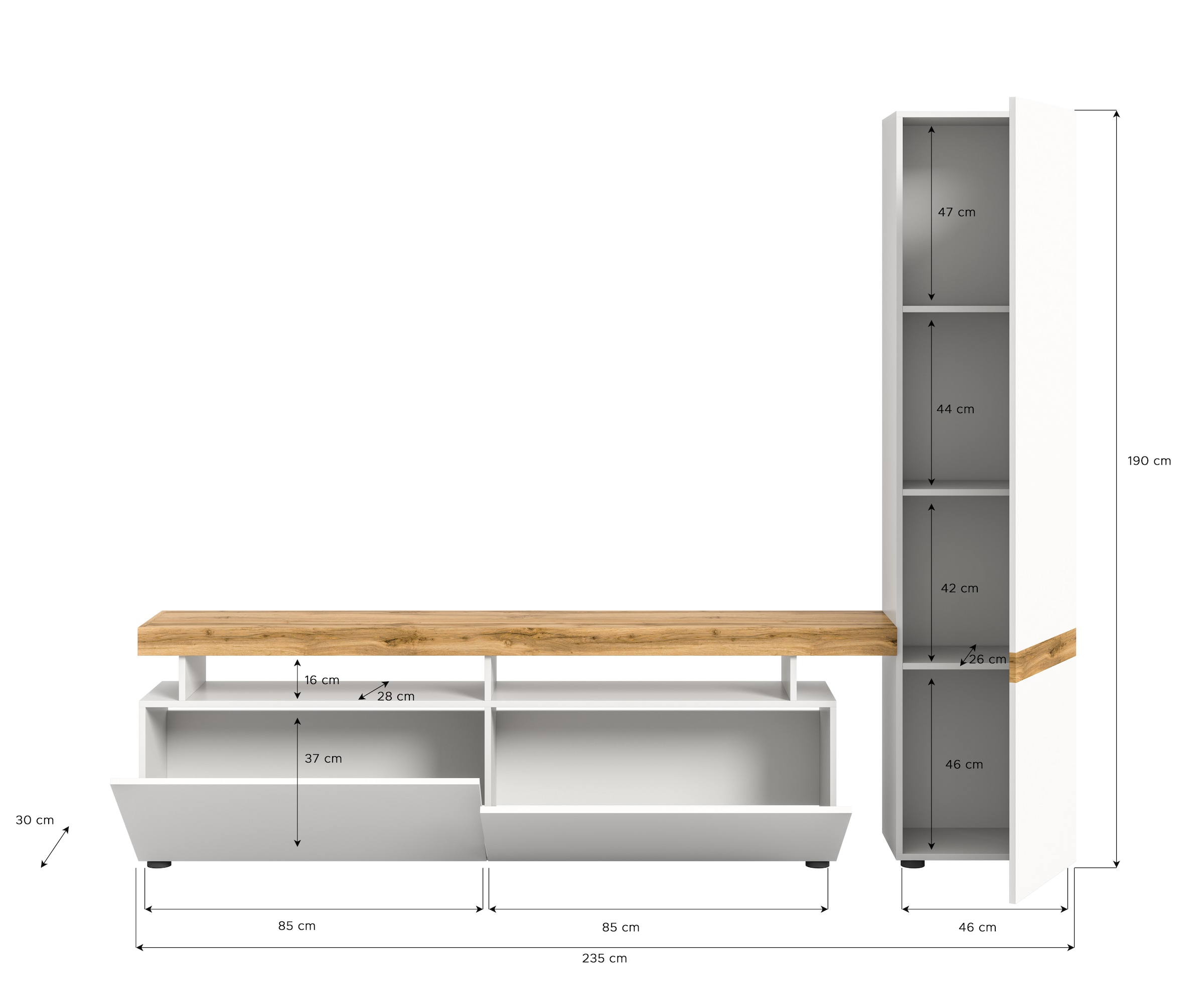 INOSIGN Wohnwand »MAMBO, TOPSELLER!, Breite 235 cm, grifflose Fronten, Push to open«, (2 St., bestehend aus: Lowboard und Hochschrank), 2-farbig, grifflose Fronten, Mediawand, TV-Wand, TV-Möbel