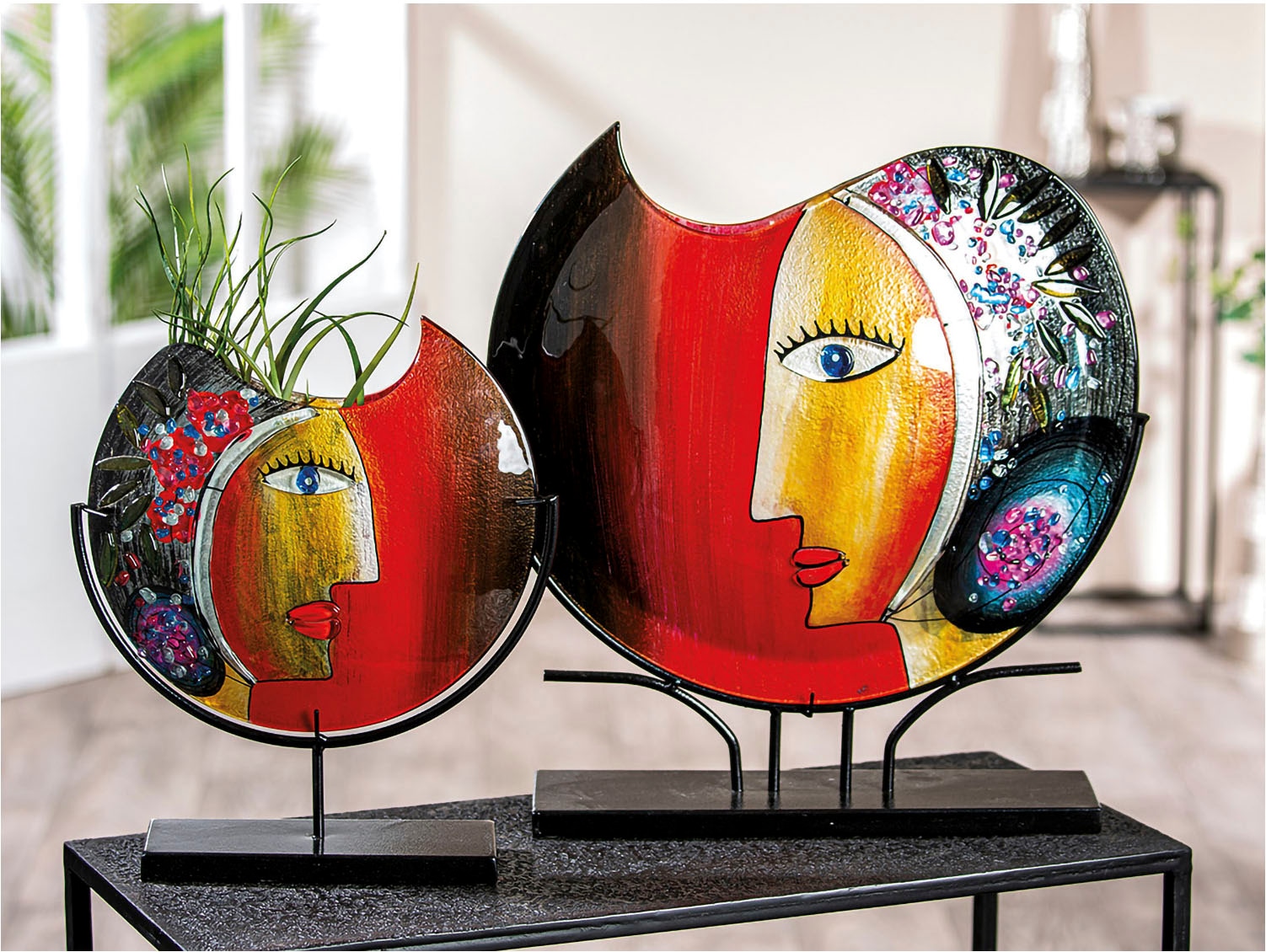 Casablanca by Gilde Dekovase »Glasart Deko Vase Face "Cloe", Höhe ca. 48 cm«, (1 St.), aus Metall und Glas, handbemalt mit Fusingglaselementen