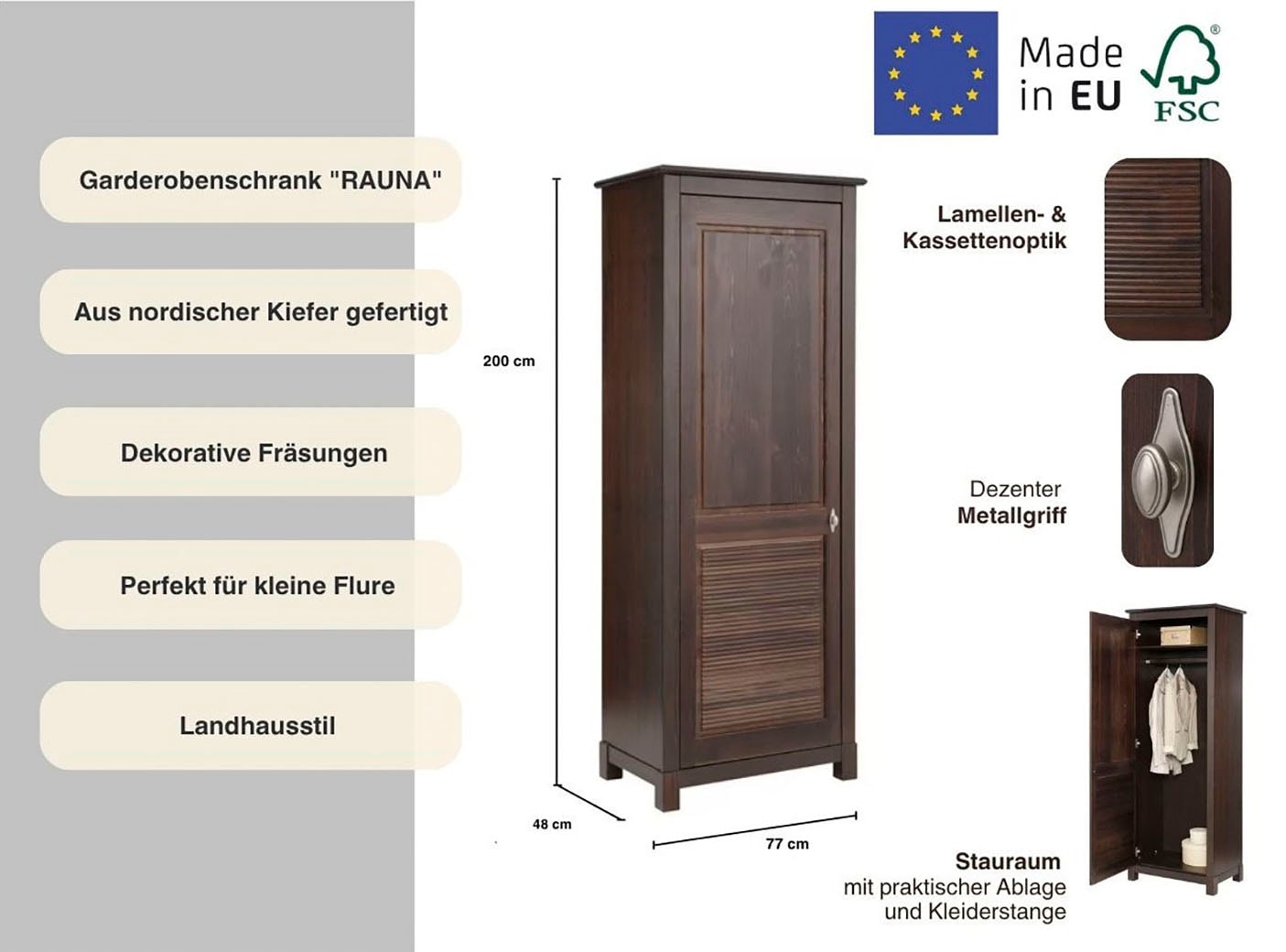 Home affaire Garderobenschrank »Rauna« aus massiver Kiefer, FSC®, mit dekorativen Fräsungen