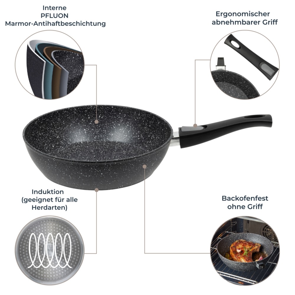 RESTO Kitchenware Bratpfanne »Leo, Wokpfanne mit vierschichtiger Marmor-Antihaftbeschichtung«, Aluminium, (1 tlg.), mit einem abnehmbaren Griff - backofenfest, spülmaschinenfest