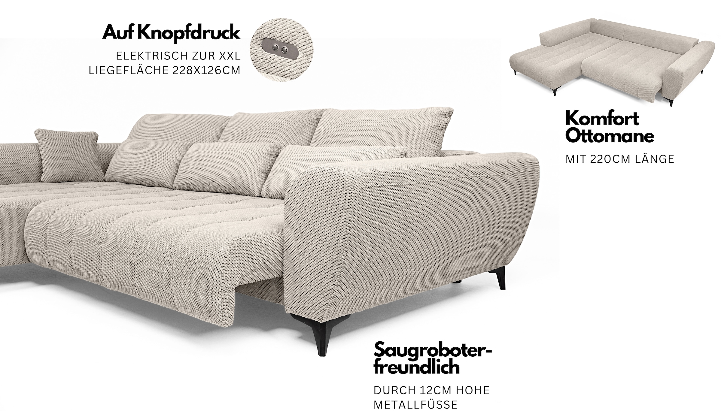 WERK2 Ecksofa »Garay, XXL-Liegefläche: elektrisch ausziehbar auf ca. 228×126 cm« Luxus in Übergröße: XXL-Liegefläche, Komfort-Ottomane & stilvolle Füße