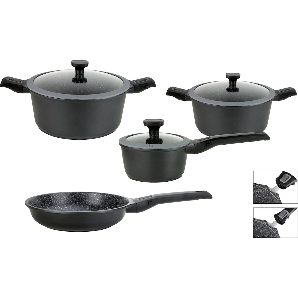 GSW Topf-Set »Easy Click«, Aluminiumguss, (Set, 7 tlg., Kochtopf 20/24 cm, 1 Stielkasserolle 16 cm, 1 Bratpfanne 24 cm)