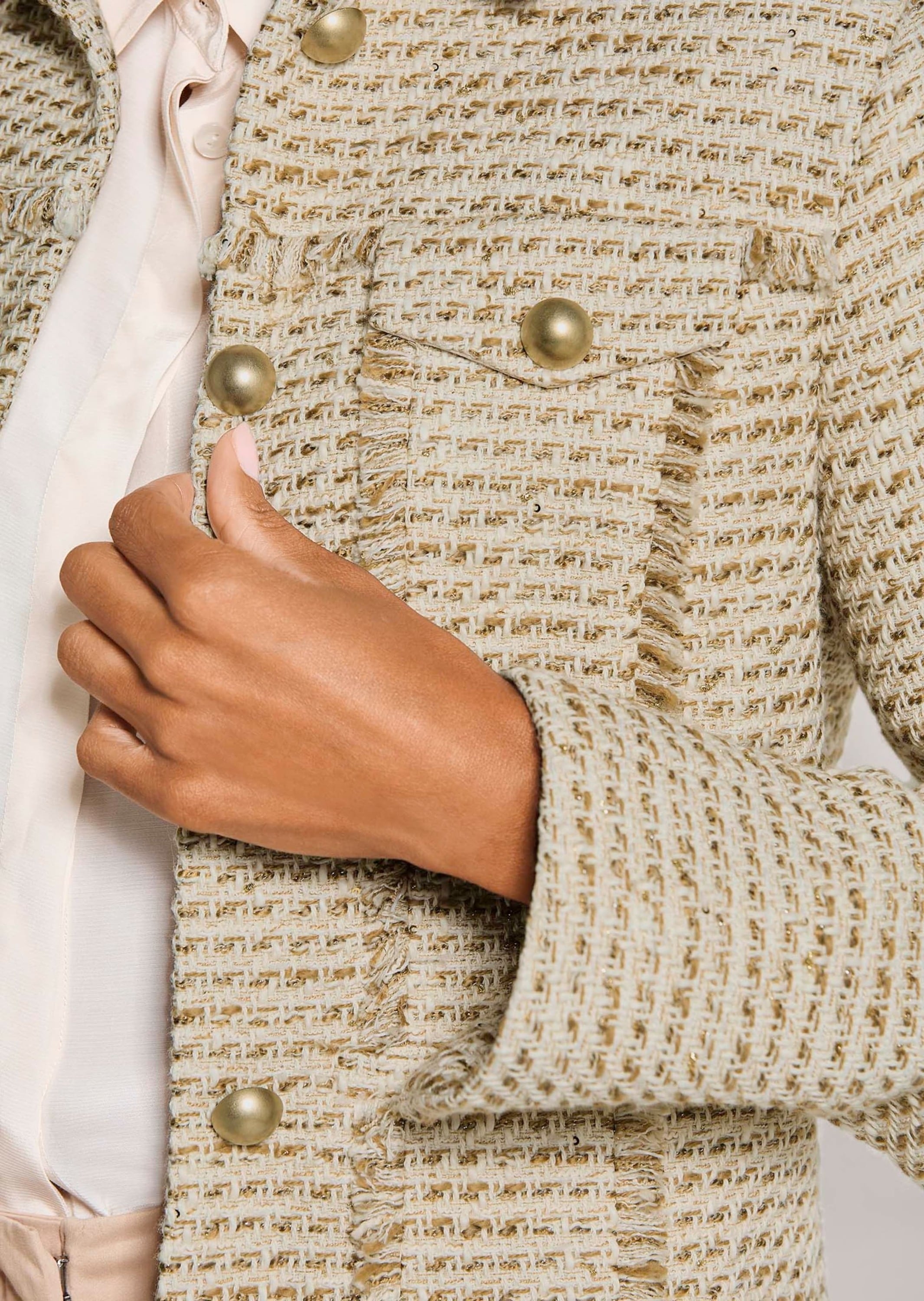 MADELEINE Jackenblazer »Tweedblazer Baumwolljacke mit Fransendetails« Tweedblazer mit kleinen Pailetten und Fransendetails