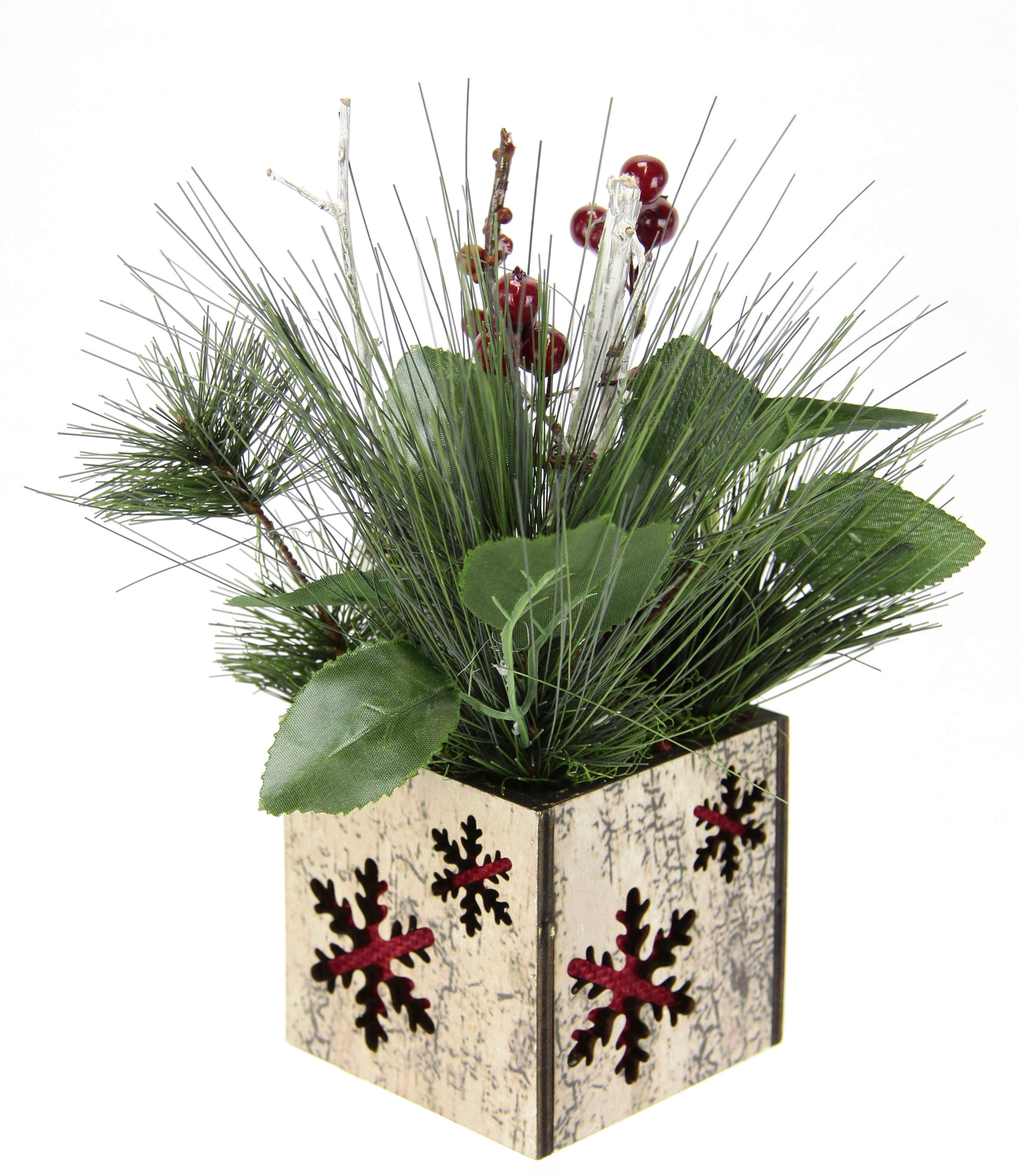 I.GE.A. Winterliche Kunstpflanze »Weihnachtsgesteck mit Apfel im Topf, winterliches Arrangement,«, Kunstblumen-Gesteck mit Zapfen, Beeren und Dekozweigen, Weihnachtsdeko