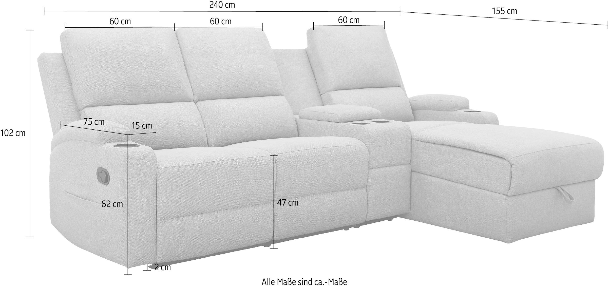 Home affaire Ecksofa »Napori Multimediasofa, 3er Kinosessel XXL, L-Form,«, Kinosofa mit Relaxfunktion, Getränkehalter, Staufach und Staukasten