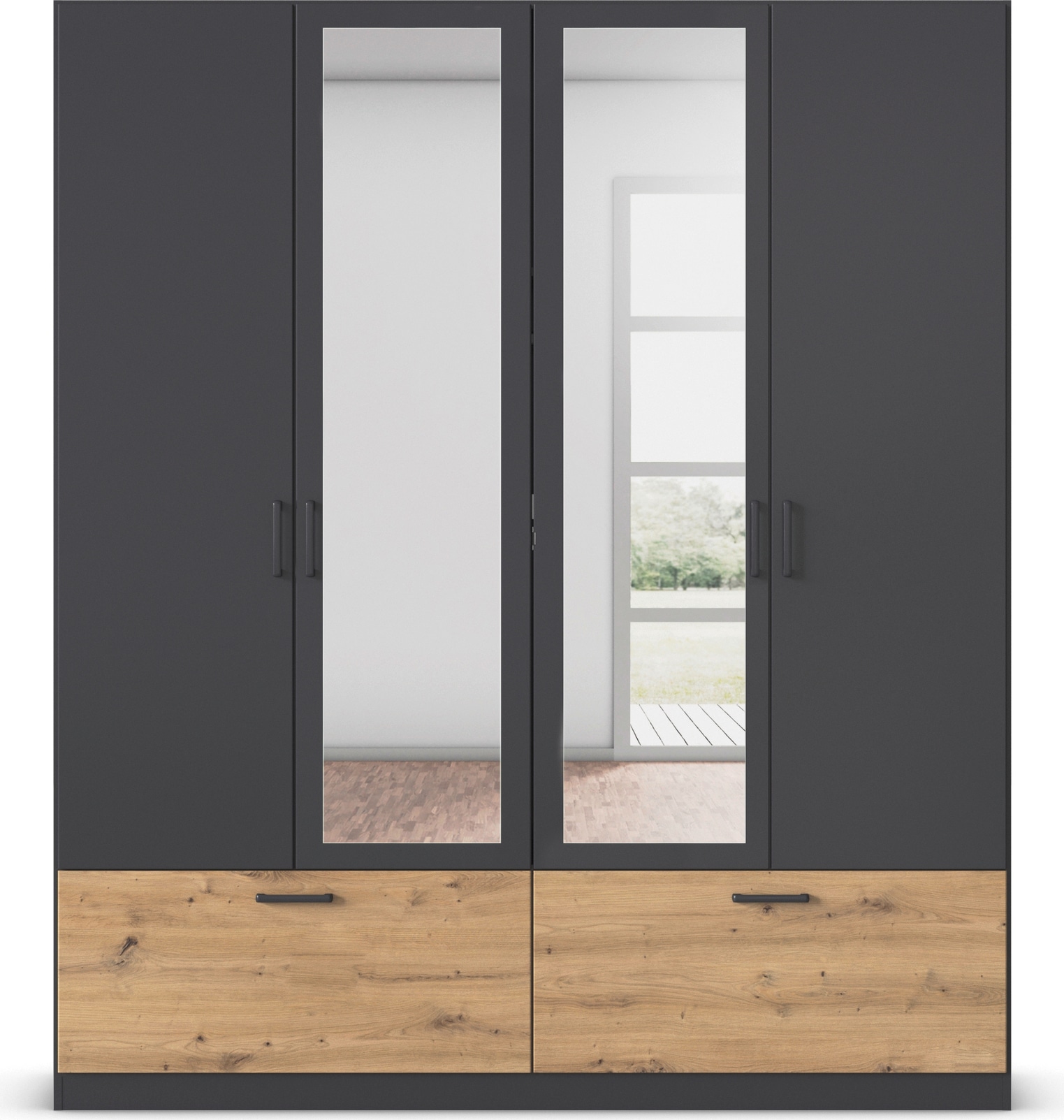 rauch Drehtürenschrank »Kleiderschrank Schrank Garderobe Wäscheschrank BARI mit Spiegel« mit Schubkästen und modernem Griff in Graumetallic MADE IN GERMANY