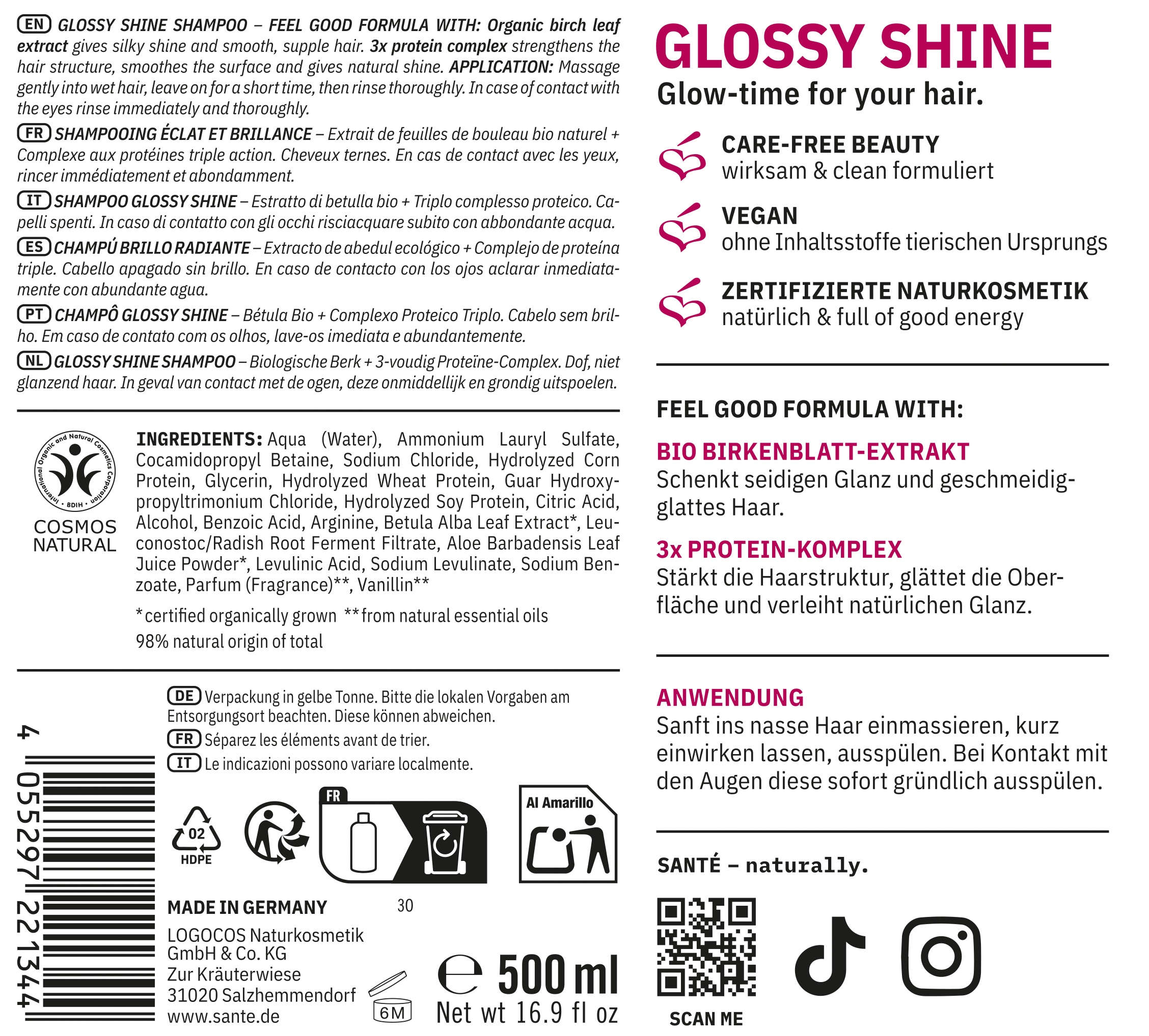 SANTE Haarshampoo »Glossy Shine Shampoo Birke +3-fach Protein Komplex« für glanzloses und stumpfes Haar, mit Bio-Birkenblattextrakt
