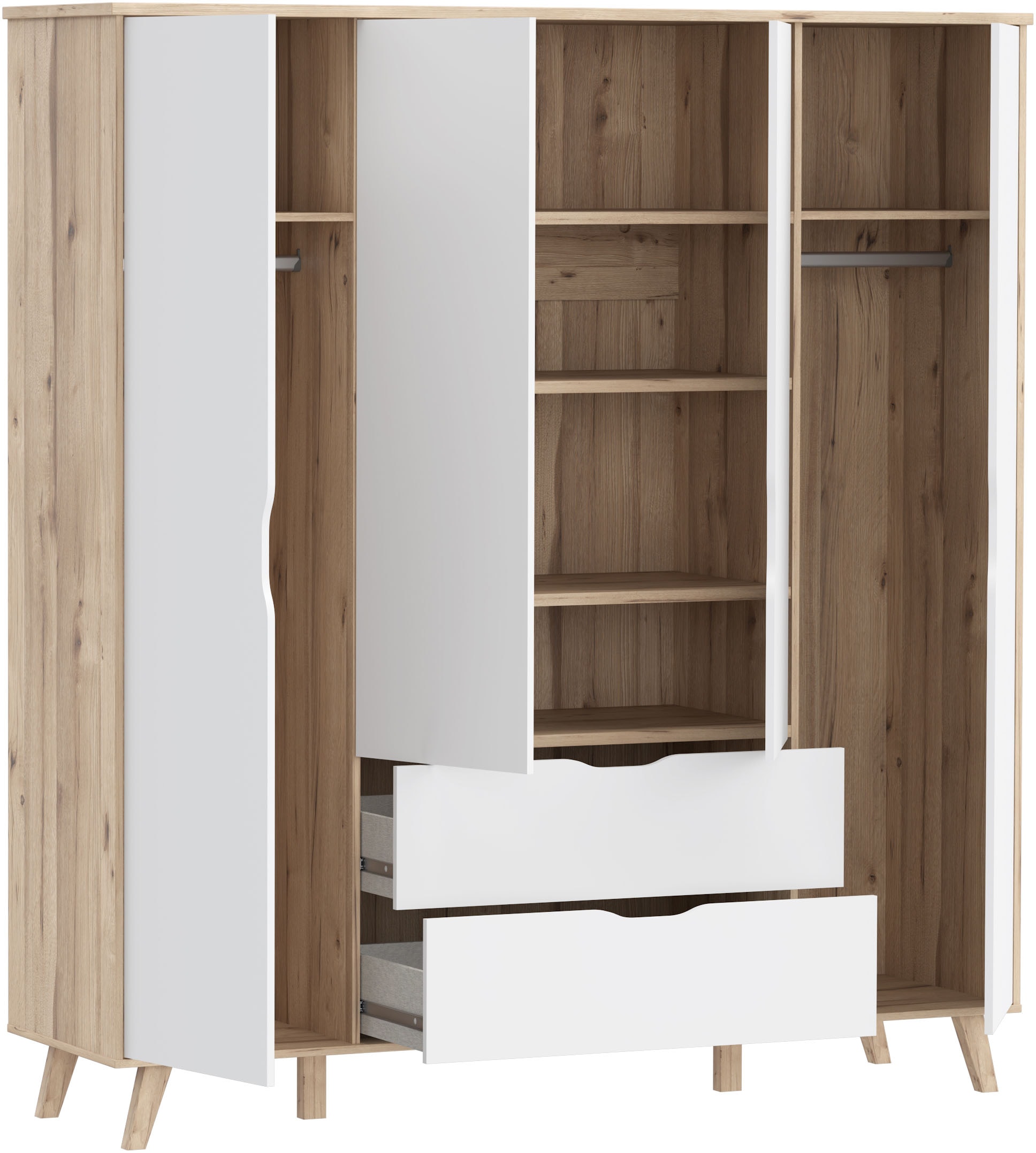 FORTE Kleiderschrank »Vankka, Drehtürenschrank, Viel Stauraum, skandinavischer Stil« Made in Europe, mit Einlegeböden+Kleiderstangen+Schubladen,grifflos