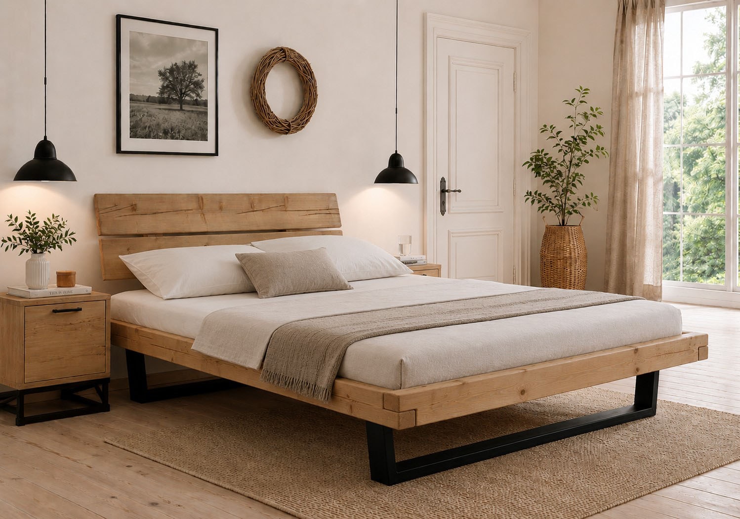 OTTO home Massivholzbett »Ultima Balkenbett Doppelbett, Füße Metallkufe« hohe Belastbarkeit: 200kg je Seite,  FSC®-zertifizierte Wildeiche oder Fichte, viele Breiten zur Auswahl