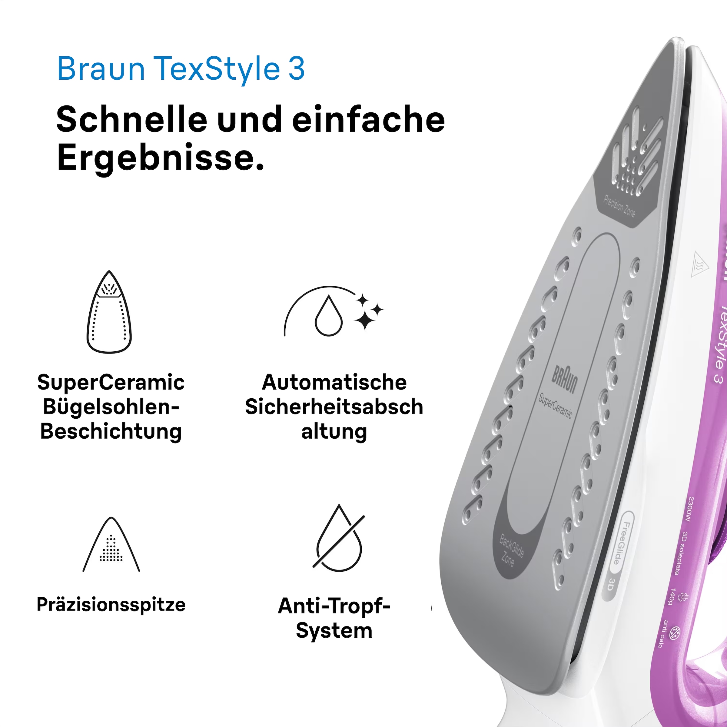 Braun Dampfbügeleisen »TexStyle 3 SI 3030 PU - 2.300 W, 140 g Dampfstoß, 270 ml Wassertank« 2300 W 45 g Dampfmenge, SuperCeramic Bügelsohle, 35 Sek. Aufheizzeit