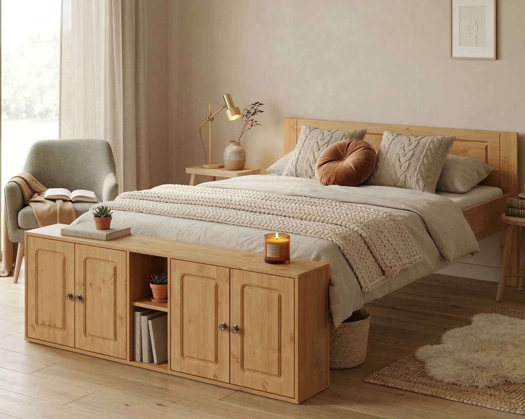 OTTO home Massivholzbett »Paula, mit Türen und Ablage, Schublade optional, Landhausstil« (B/T/H: 148,8/224,4/82 cm,  Massive Kiefer, extra viel Stauraum im Fußteil, FSC®-zertifiziert