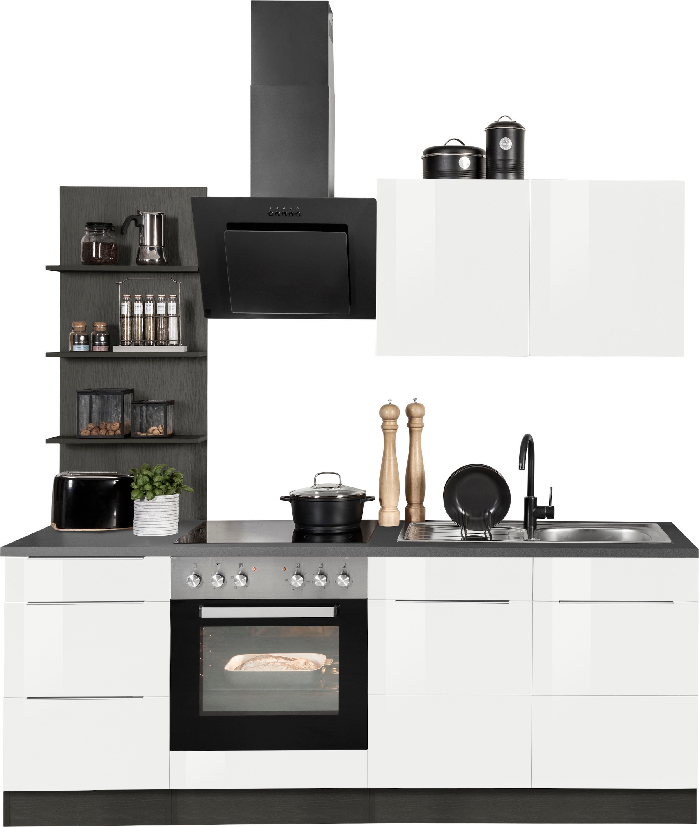 KOCHSTATION Küchenzeile "KS-Brindisi" Breite 210 cm, wahlweise mit E-Geräten, mit MDF-Fronten und Regal