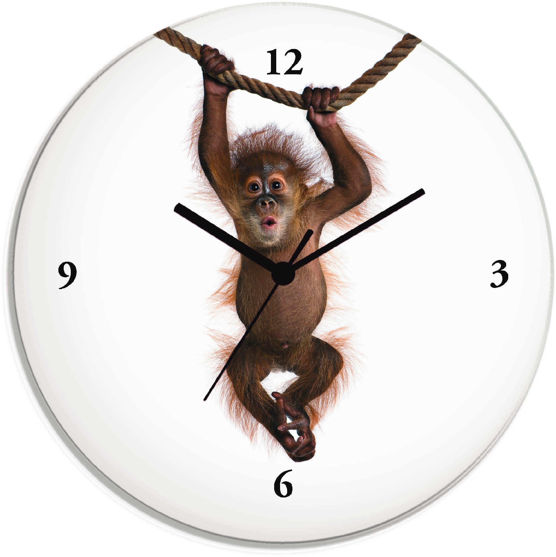 Artland Wanduhr "Baby Sumatra Orang Utan hängt an Seil" wahlweise mit Quarz- oder Funkuhrwerk, lautlos ohne Tickgeräusche