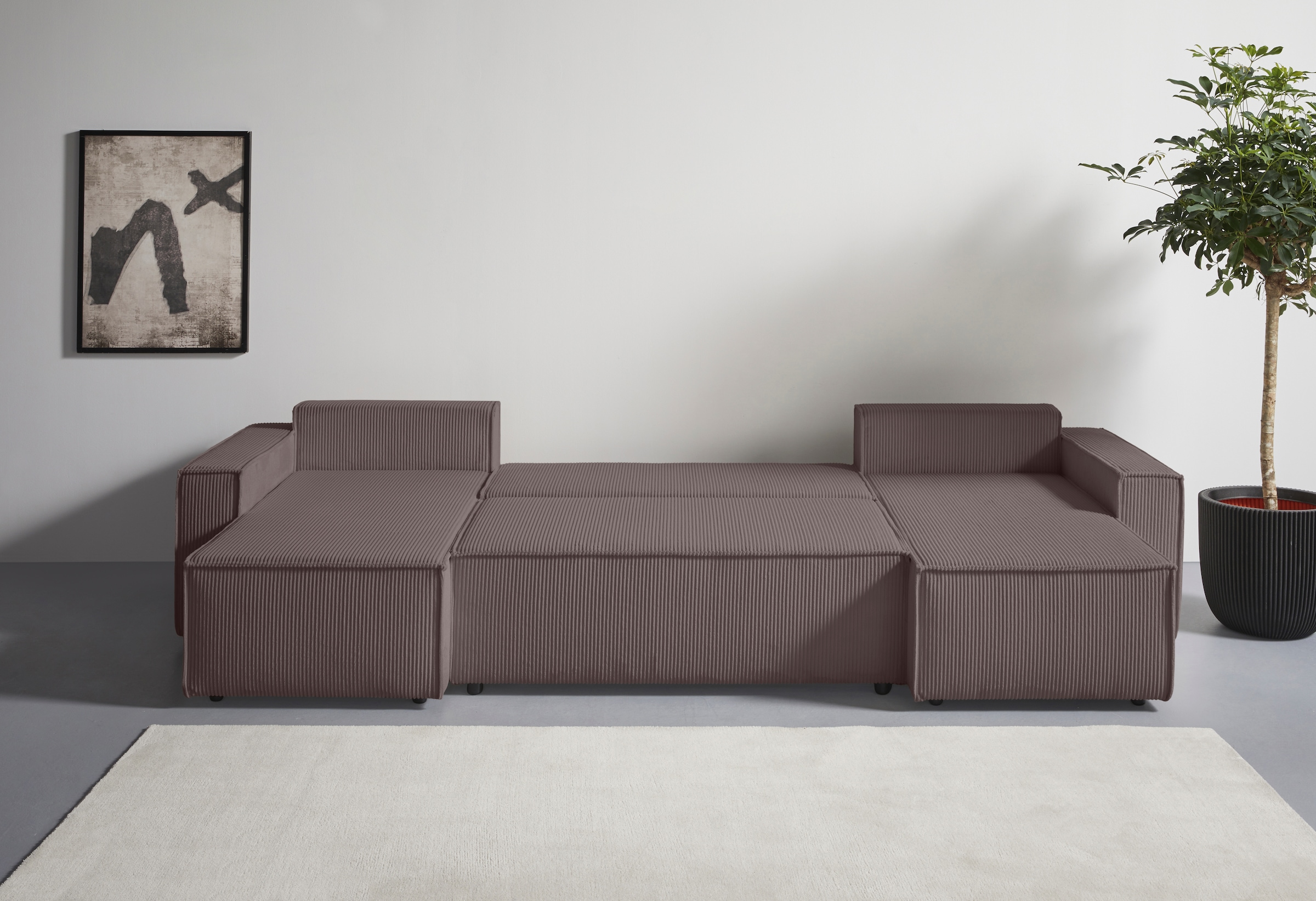 OTTO home Wohnlandschaft »Cassi, 311 cm, U-Form, Schlafsofa, Dauerschläfer, Boxspringfederung«, Schlaffunktion (133/270cm), Bettkasten, Seitentaschen, Cord-Bezug