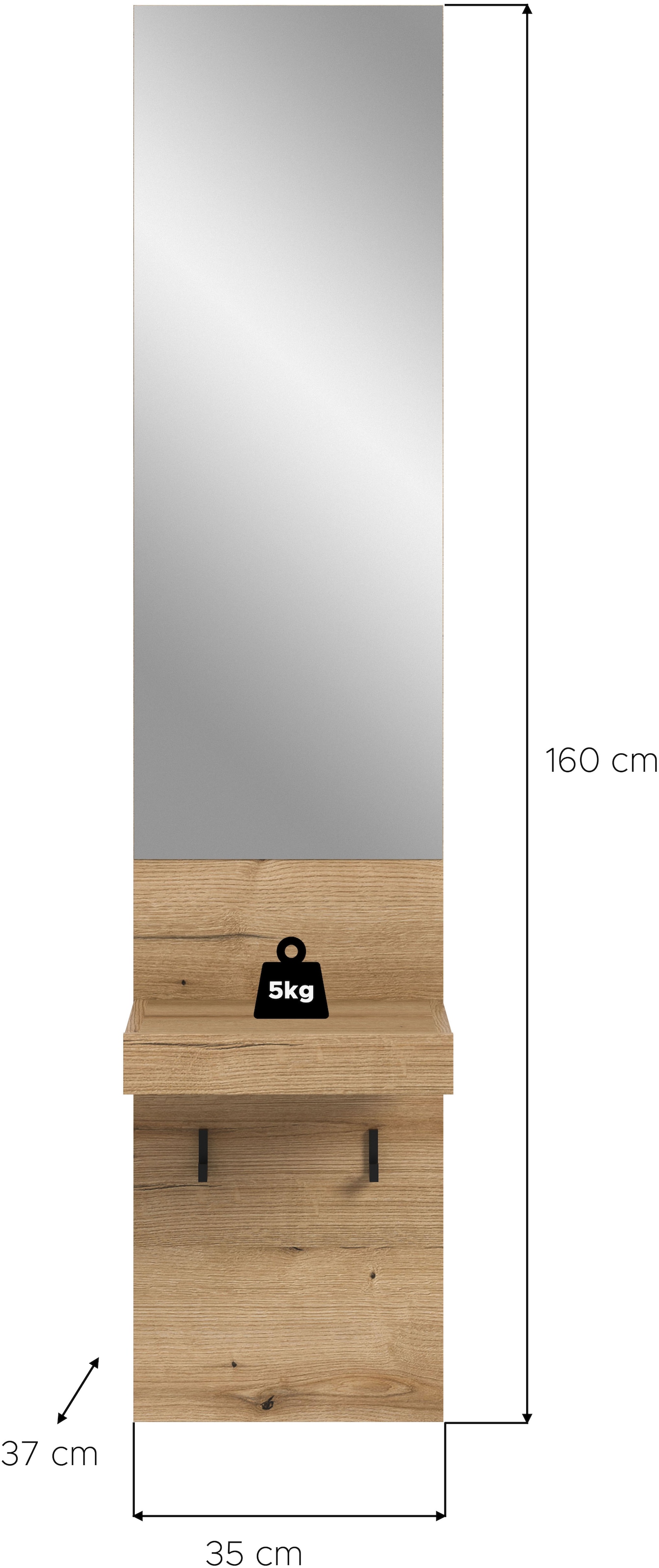 INOSIGN Garderobenspiegel Oran, Spiegel, Evoke Oak, große Spiegelfläche, Ablagefläche, Haken,