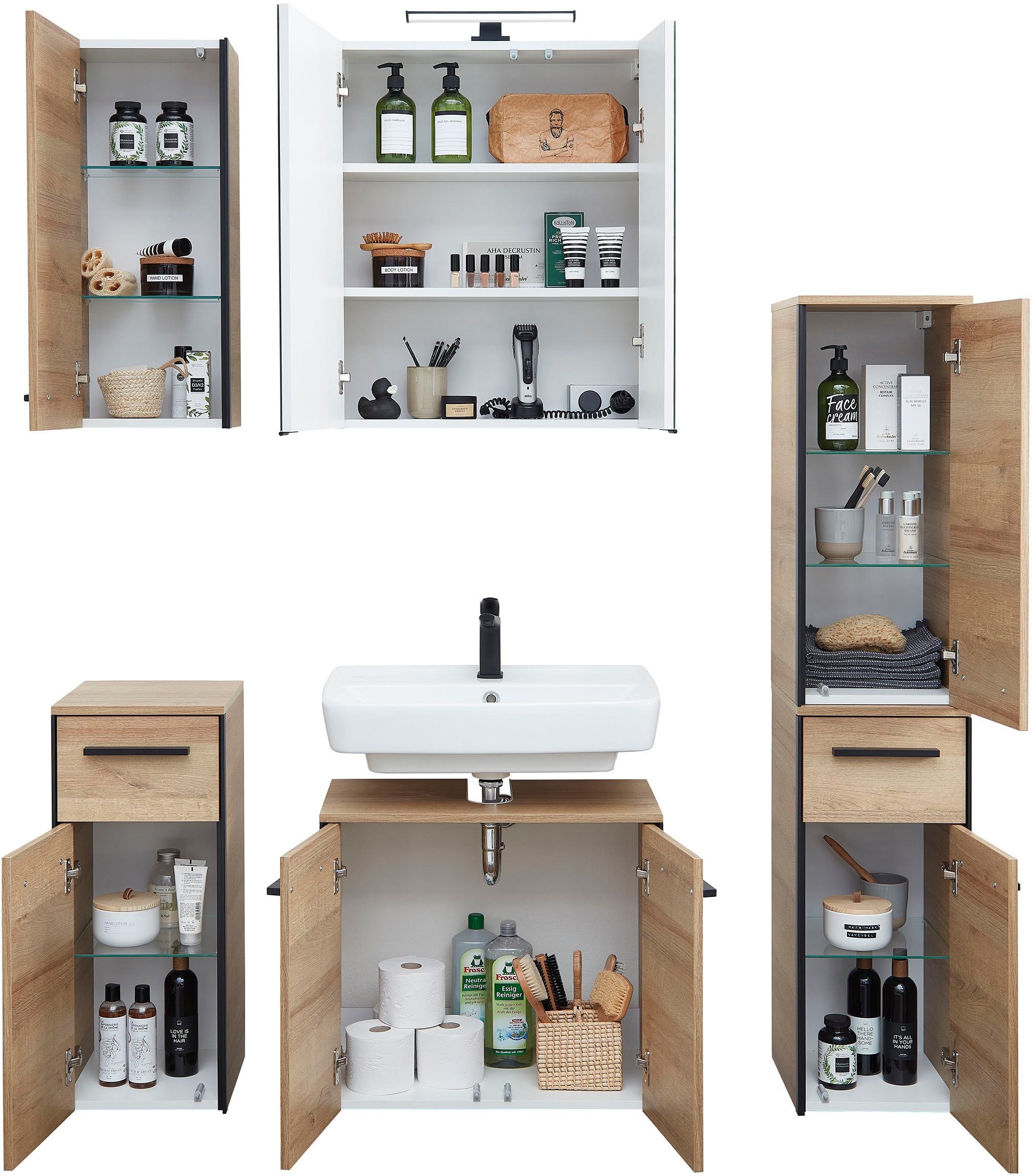 Saphir Badmöbel-Set »Quickset 395 5-teilig, Waschbeckenunterschrank mit LED-Spiegelschrank« 6 Stk. tlg.