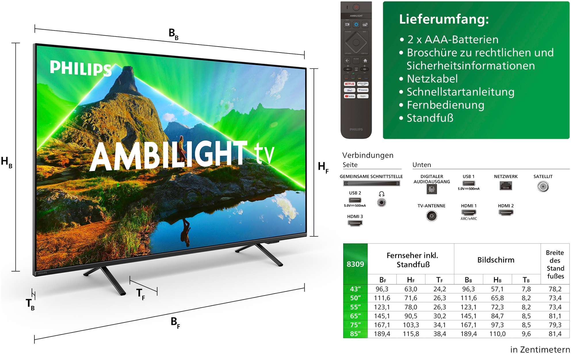 Philips LED-Fernseher, 164 cm/65 Zoll, 4K Ultra HD, Smart-TV, WLAN, Dolby Atmos Sound, Ambilight (3-seitig)