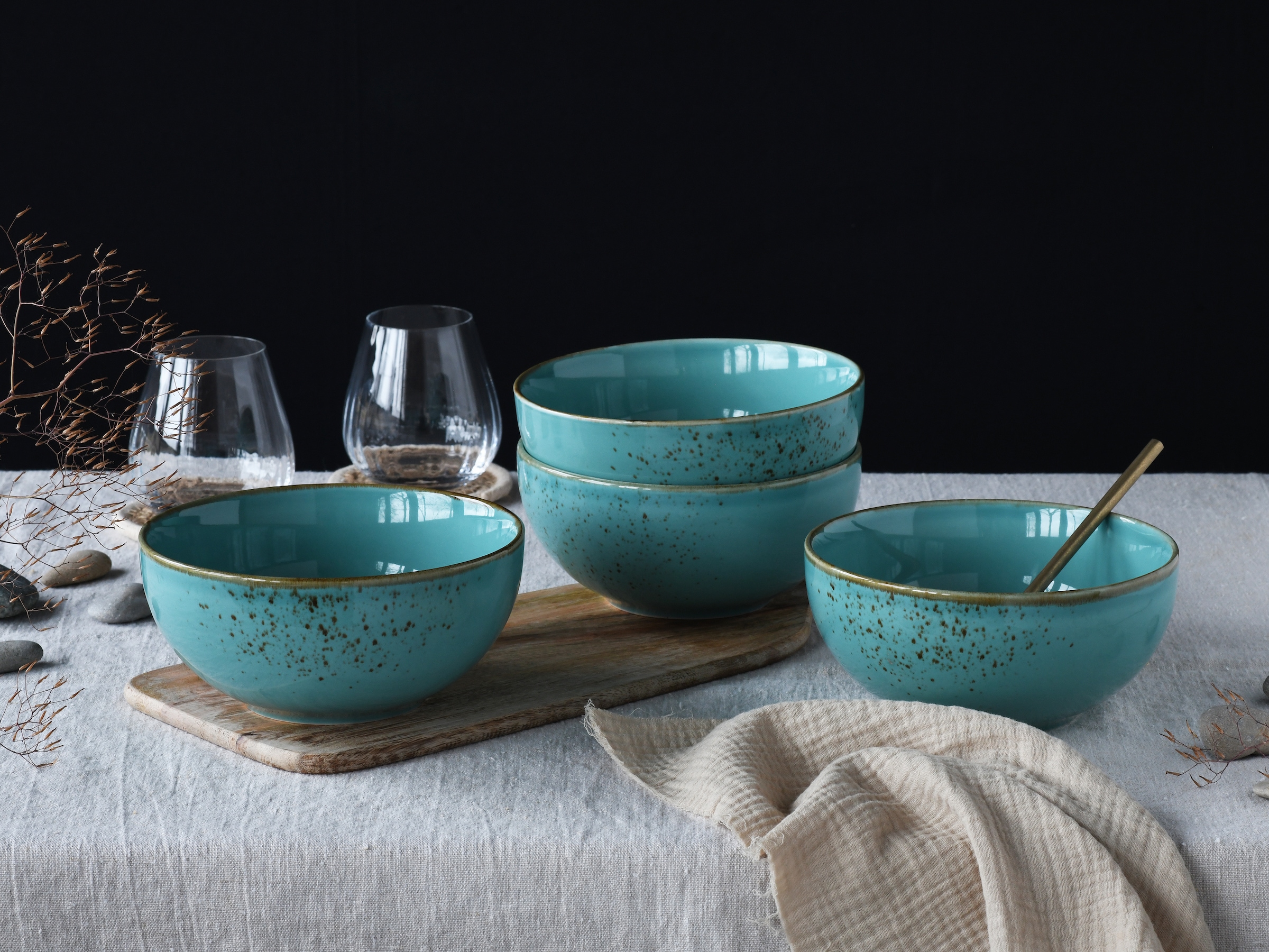 CreaTable Schale »Nature Collection, Buddha Bowl 4-tlg« 4 Stk. aus Steinzeug Handwerklicher Look, Vintage, Höhe 7,5 cm