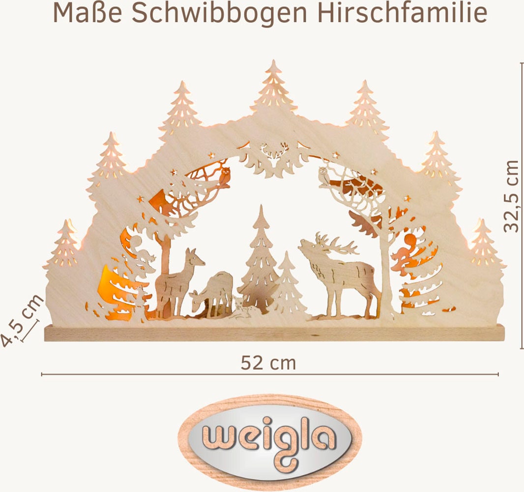 Weigla Schwibbogen »Hirschfamilie, Lichterbogen aus Holz, NATUR«, Erzgebirge garantiert, Weihnachtsdeko Innen, Weihnachtsbeleuchtung