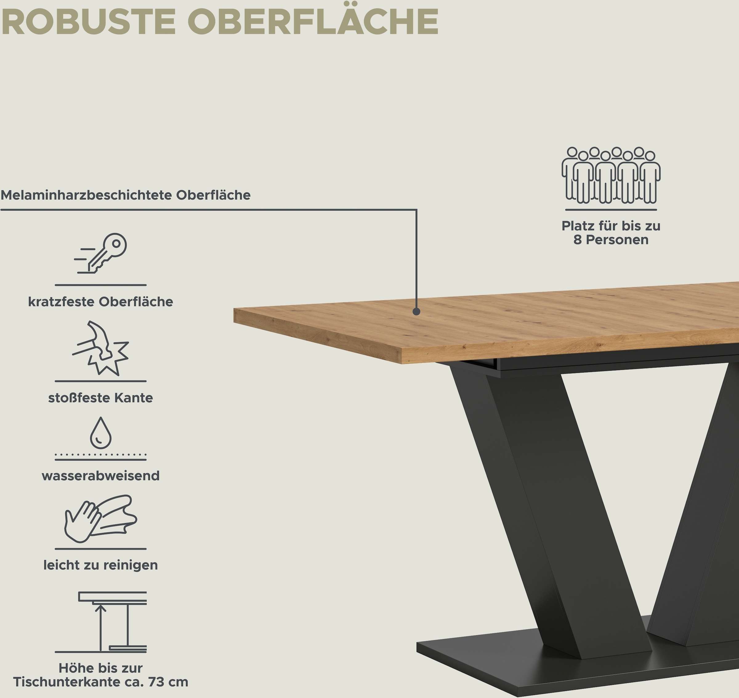 INOSIGN Esstisch »Motus, ausziehbar 150 -190 cm, inklusive 40 cm Einlegeplatte«, V-Gestell mit Bodenplatte, Tisch, Küchentisch, Esszimmer, Küche