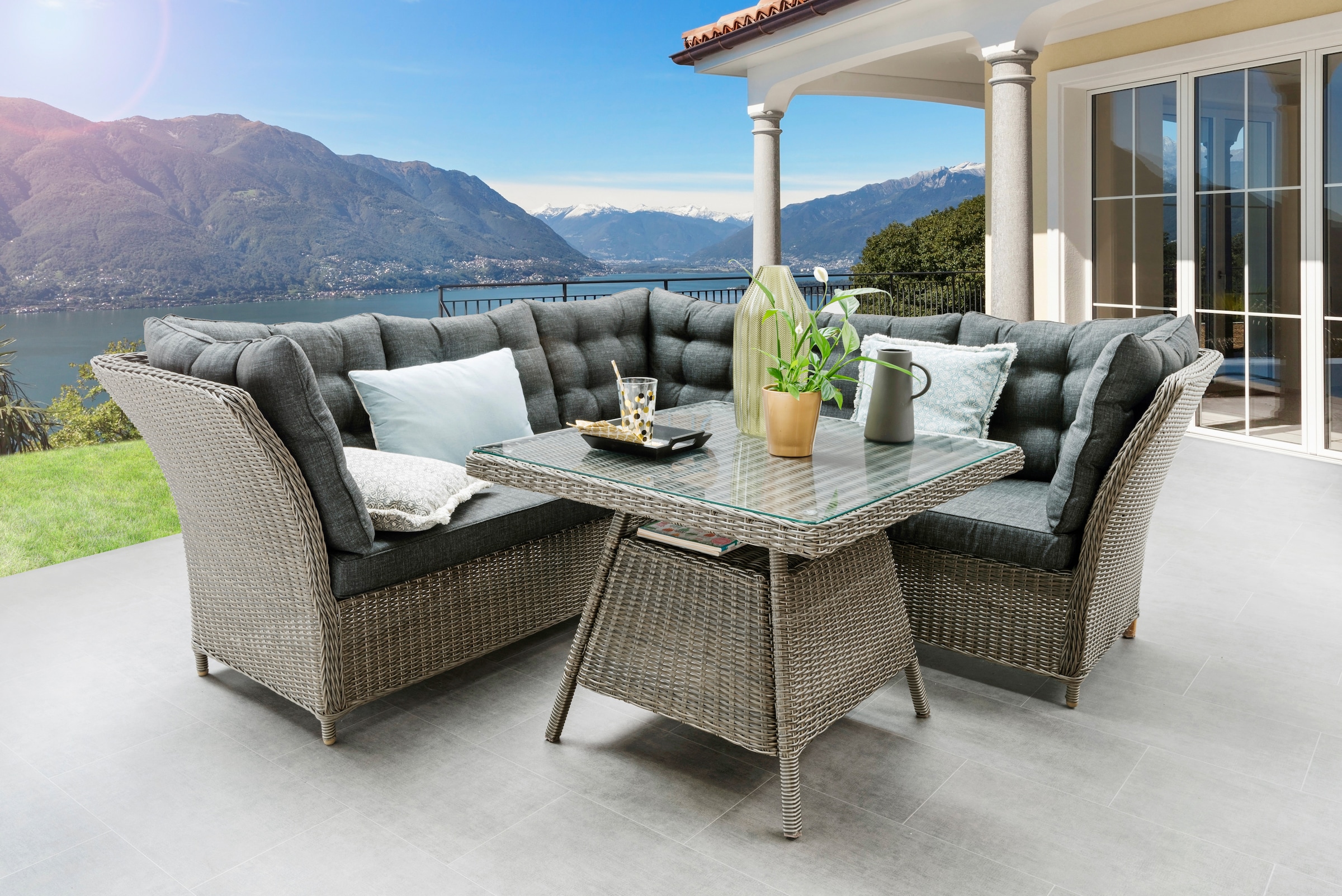 Destiny Garten-Essgruppe »PALMA LUNA«, (16 tlg., 2x Schenkel, 1x Eckmodul, 2x Sessel, 1x Tisch, inkl. Auflagen), Aluminium, Polyrattan