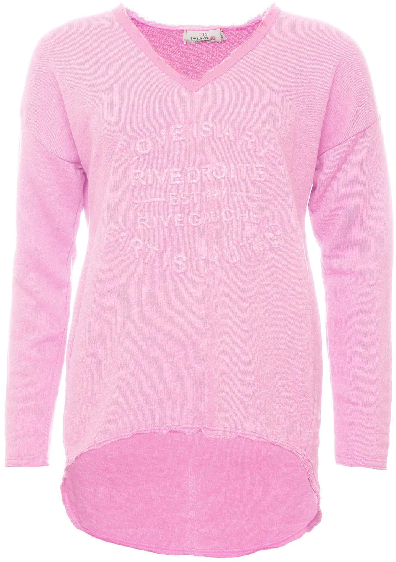 Zwillingsherz Sweatshirt, ausgefranster V-Ausschnitt, Vintage Look, Langarm