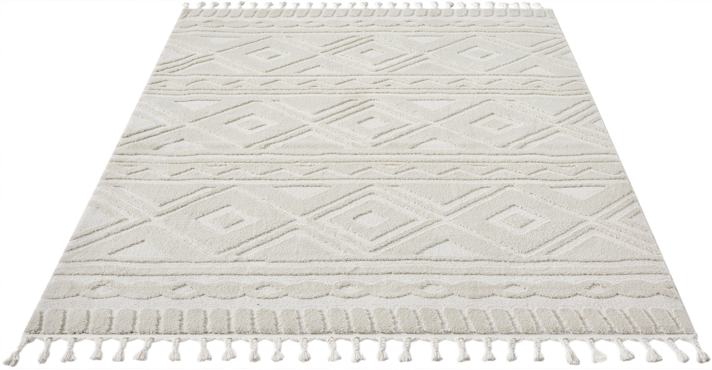 my home Teppich »Bonvo« rechteckig 19 mm Höhe mit Fransen, Hoch-Tief-Struktur, Wohnzimmer, Schlafzimmer, Boho-Style