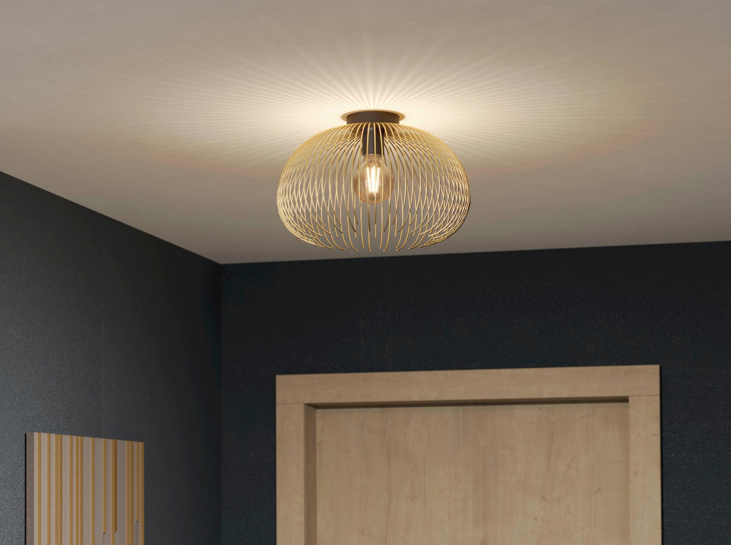 EGLO Deckenleuchte »VENEZUELA Deckenlampe, Esszimmerlampe, Metall, schwarz, gold, E27«, Leuchtmittel E27 | Leuchtmittel wechselbar-ohne Leuchtmittel, Wohnzimmerlampe, Küche, Flur, Drahtschirm, 1flammig, 110x93,5x23,5xcm