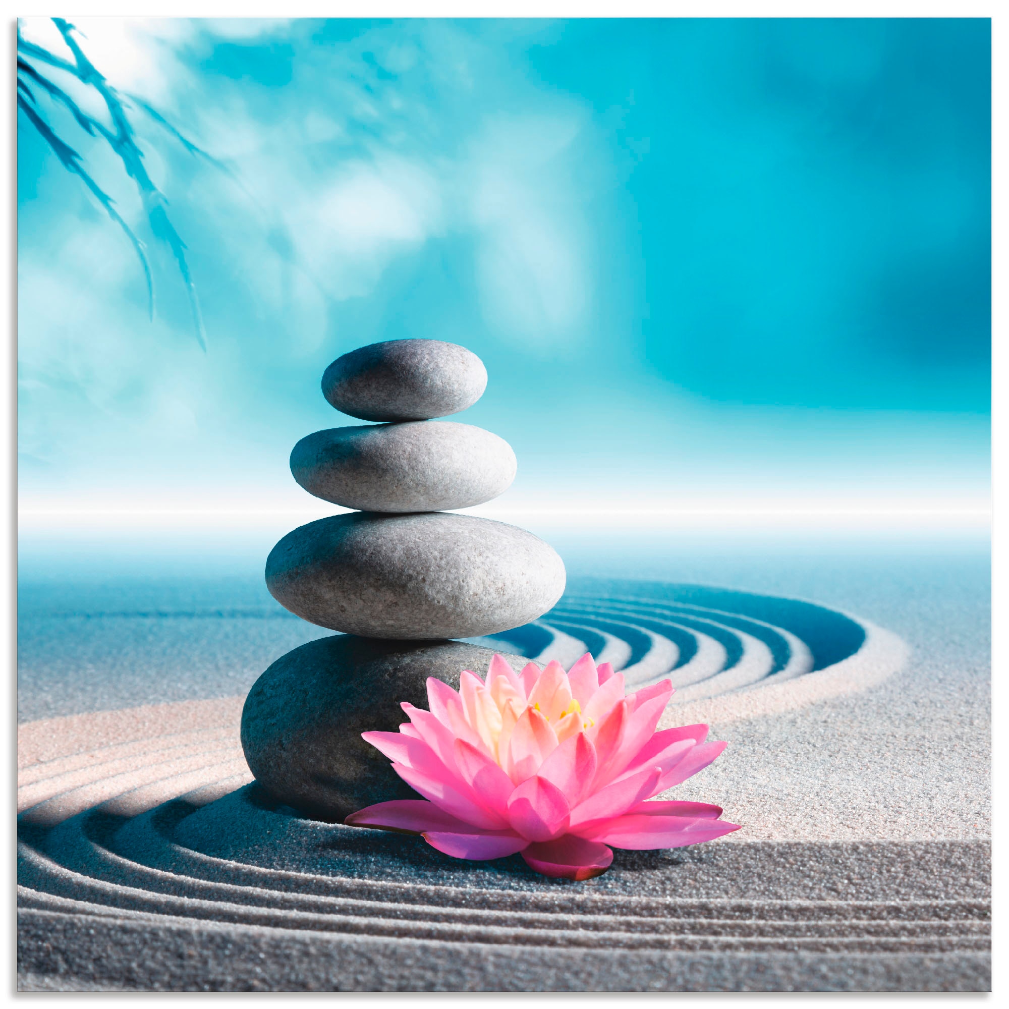 in auf bestellen Spa-Steine in Artland Lilie Raten Zen, verschiedenen (1 St.), »Sand, und Zen-Garten«, Glasbild Größen
