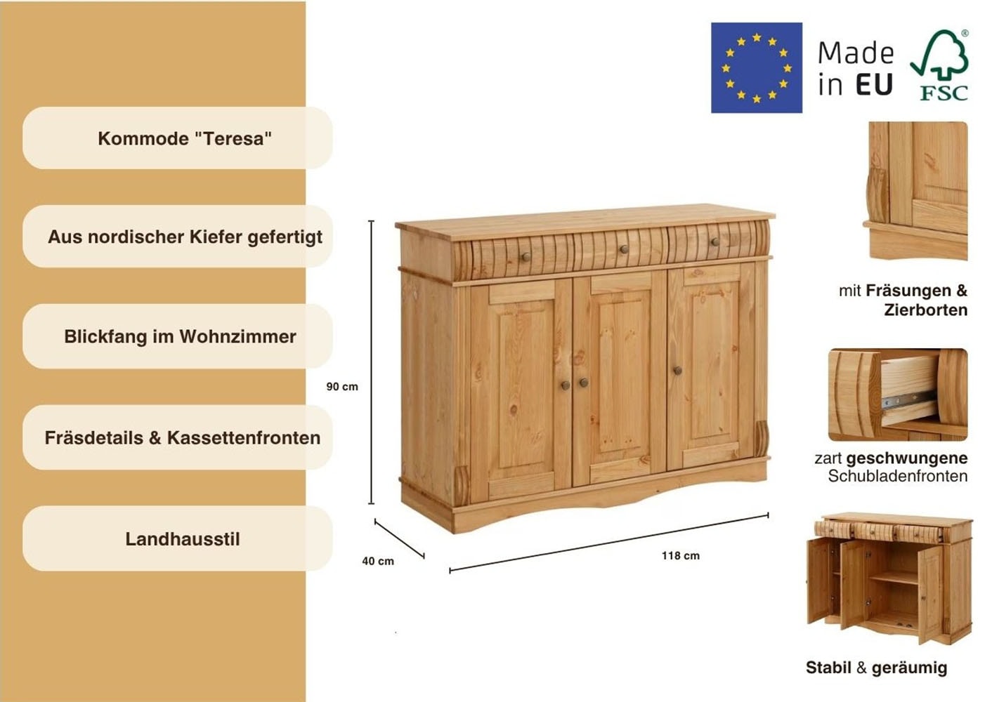 Home affaire Sideboard »Teresa«, (Maße (B/T/H): 118/40/90 cm), Kommode, 3-türig, Breite 118 cm, aus massiver Kiefer, FSC®
