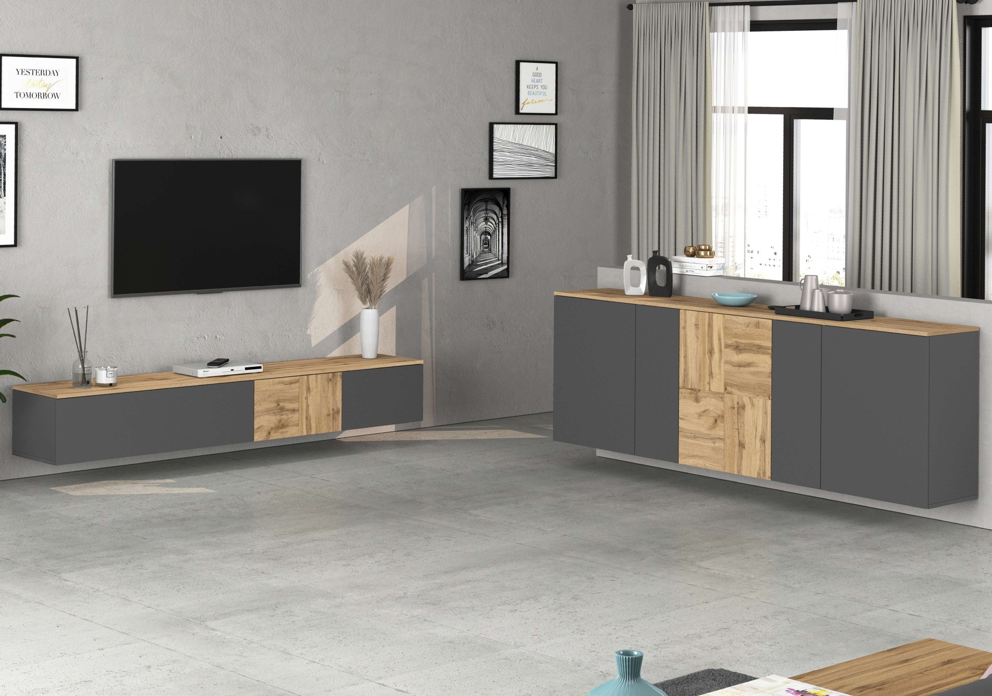 OTTO home Sideboard »ISEO, Kommode, Schrank, Sideboard, Lowboard, 6 Fächer, Breite 200 cm« 1 Stk. tlg. stehend/hängend, 5 Türen, 6 Fächer, Breite 200 cm