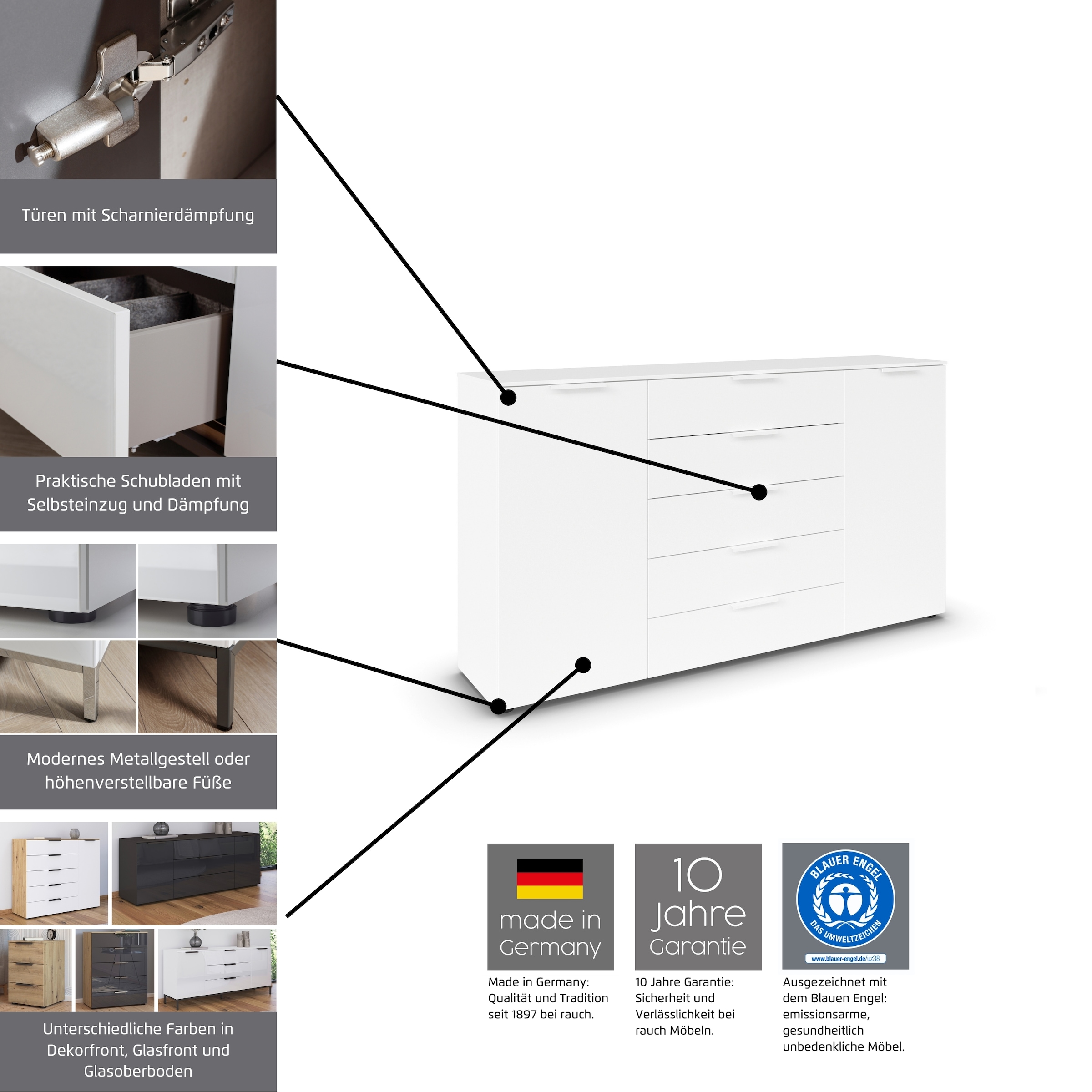 rauch Schubkastenkommode »Kommode Türkommode Sideboard Kombikommode FLIPP«, (Breite 160 cm mit 2 Einlegeböden), 2-türig mit 3 Schubladen und Soft-Close-Funktion