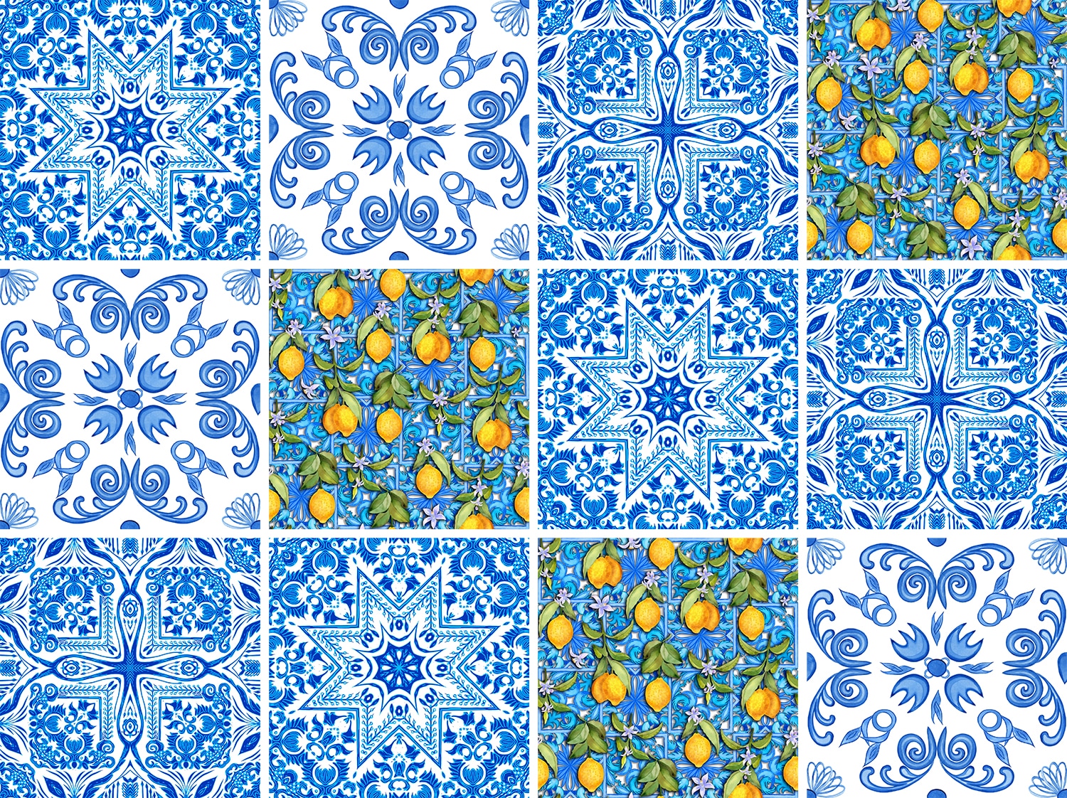 queence Fliesenaufkleber »Blaue Ornamente mit Zitronen«, (12 St.), Stickerfliesen, selbstklebend, Sticker, 12er Set
