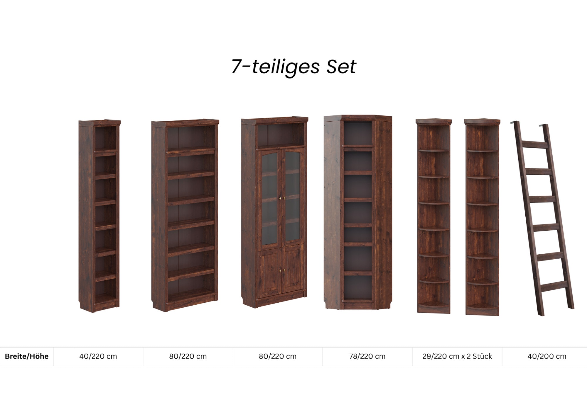OTTO home Bibliothek »Soeren - 7-tlg. Set: mit 1 Regal B 80 cm., 1 Regal B 40 cm, 1 Eckregal« Set, 7 Stk. tlg. Inkl. 1 Vitrine,2 gerundeten Abschlussregalen und 1 Holzleiter,H220 cm