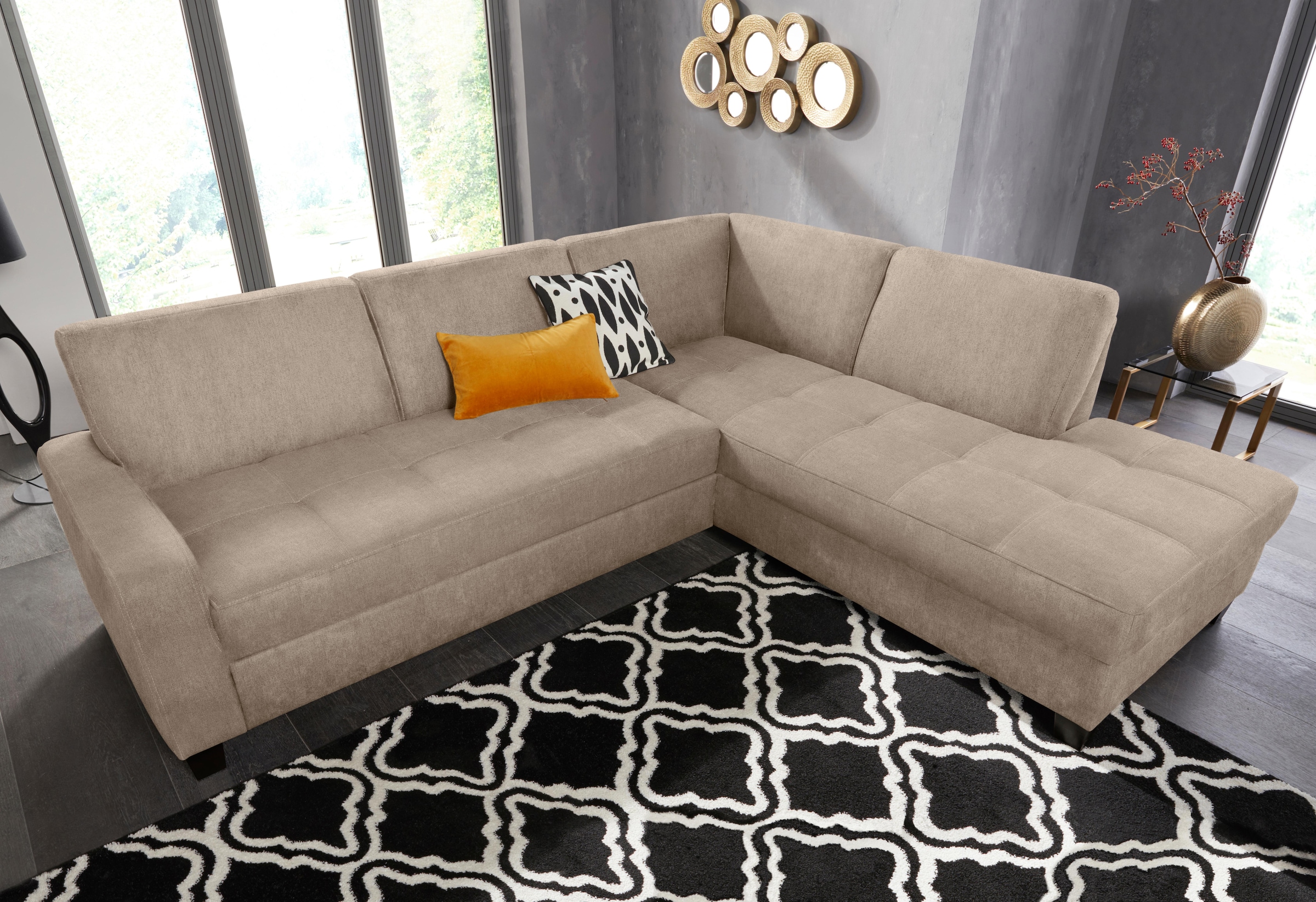 DOMO collection Ecksofa »Florentina zeitlos und elegant, Sitznähte als Designelement, L-Form«, wahlweise mit Bettfunktion, mit Kontrastnaht, Komfortsitzhöhe 47cm