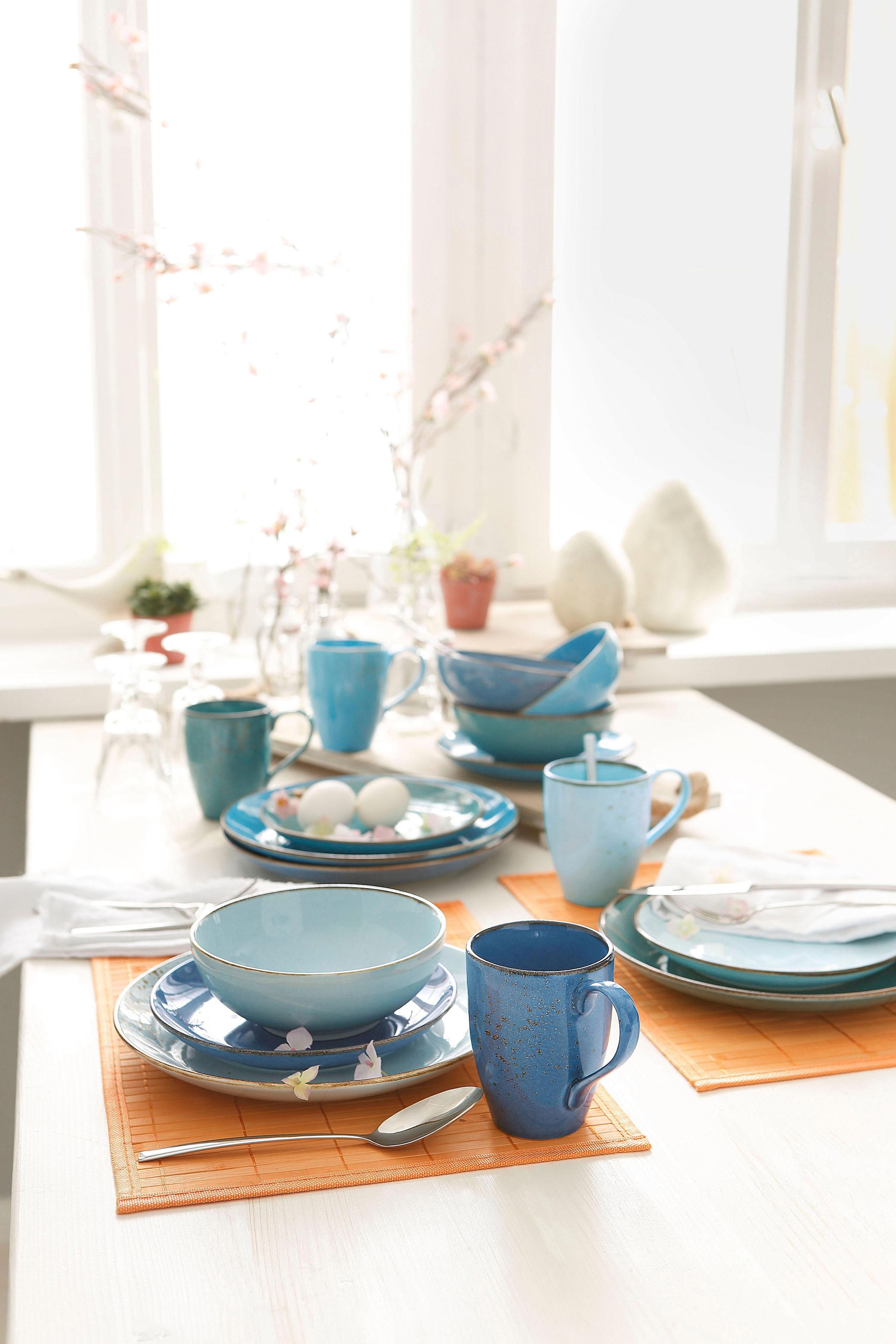 CreaTable Kombiservice »Geschirr-Set NATURE COLLECTION Aqua«, (Set, 16 tlg., Kaffeeservice und Tafelservice im Set, für 4 Personen), Service, Trendaktuelle Blau-Töne, 16 Teile, für 4 Personen