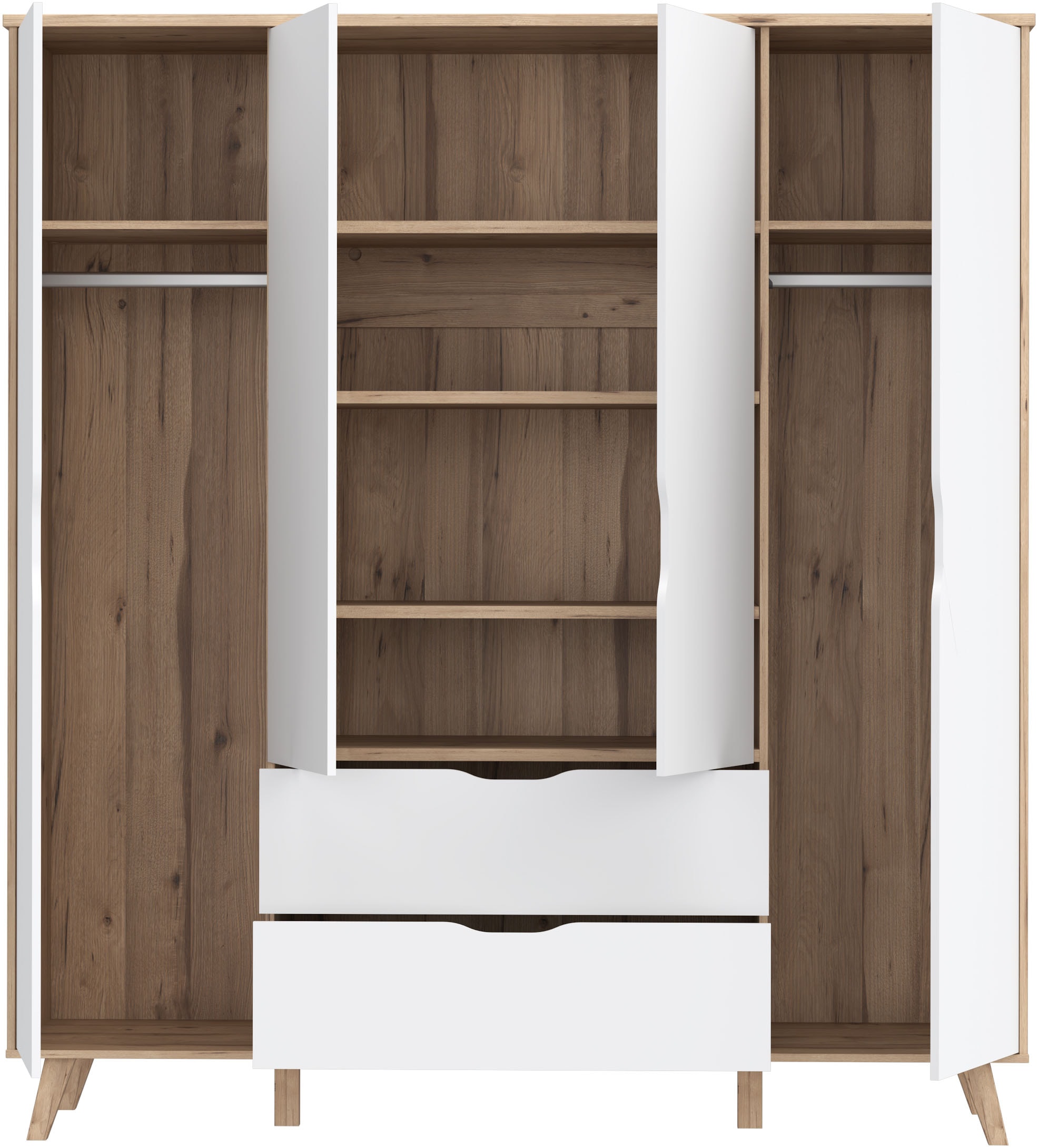 FORTE Kleiderschrank »Vankka, Drehtürenschrank, Viel Stauraum, skandinavischer Stil« Made in Europe, mit Einlegeböden+Kleiderstangen+Schubladen,grifflos
