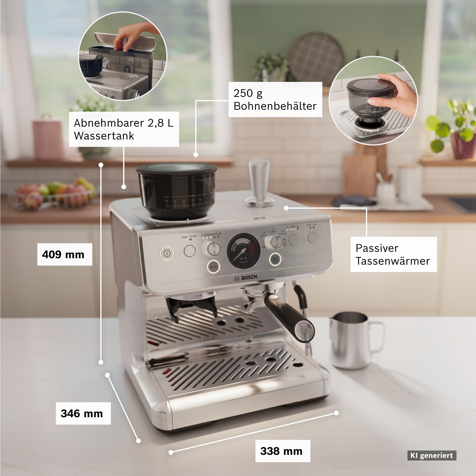 BOSCH Espressomaschine »Bosch halbautomatische Siebträgermaschine HomeCafé Serie 4« Integriertes Mahlwerk, 58mm-Siebträger, 30 Mahlgrade, 5 Direktwahl